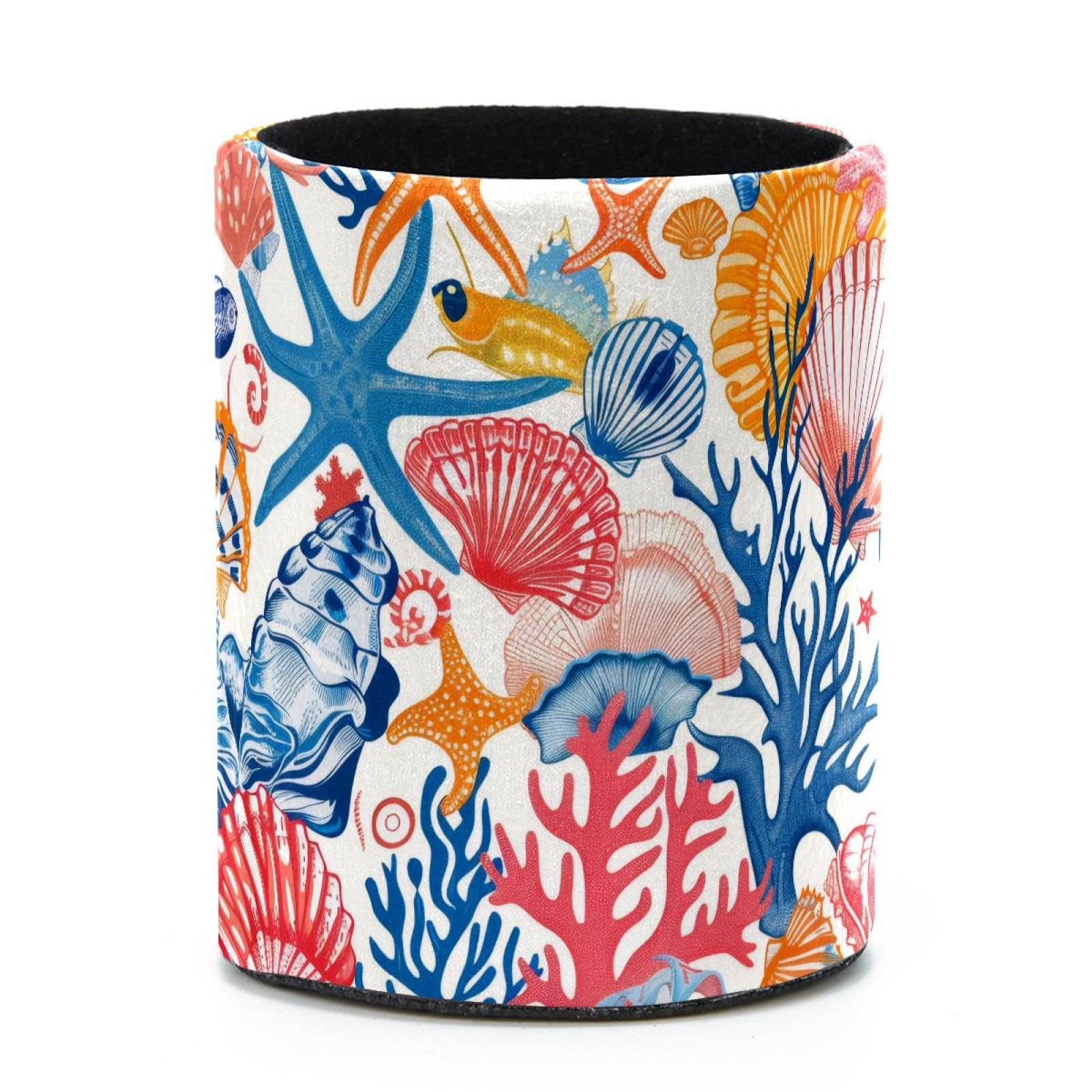 VAPOKF Round Pencil Holders for Desk, Colorful Seashells Starfish Pen Holders Pen Pot Makeup Brushes Storage Desktop Stationery Supplies Organiser for Home Office