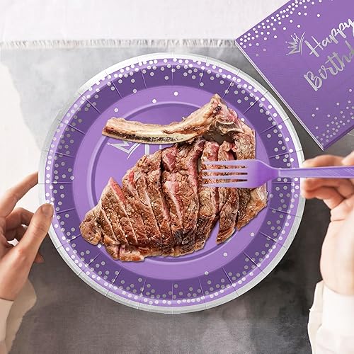 Miniatura 7 de Juego de 96 platos y servilletas de cumpleaños morados y plateados con decoraciones de fiesta de feliz cumpleaños, platos de papel, servilletas y