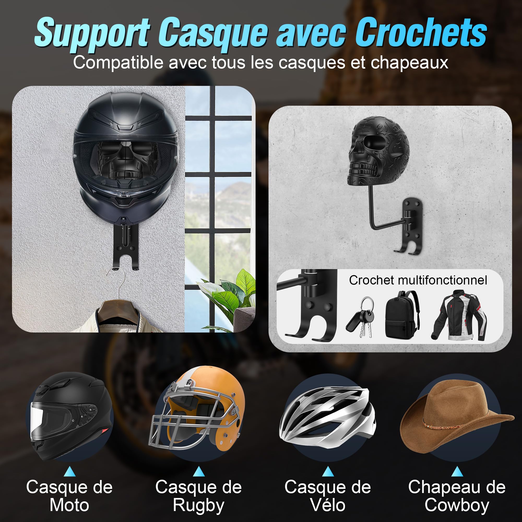Support Casque Moto, Porte Casque Moto Mural Squelette, Tête de Mort Métal Rotation à 180°, Support Crochet Organisateur Mural pour Ranger Vos Équipements de Moto, Football, Rugby, Noir