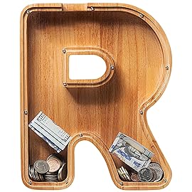Sulevalt 12 Extra Large Wooden Letter Piggy Banks - Piggy Banks for Boys Girls Kids, Alphabet Money Banks with Initial R - Coin Banknote Bank Birthday/Christmas for Kids