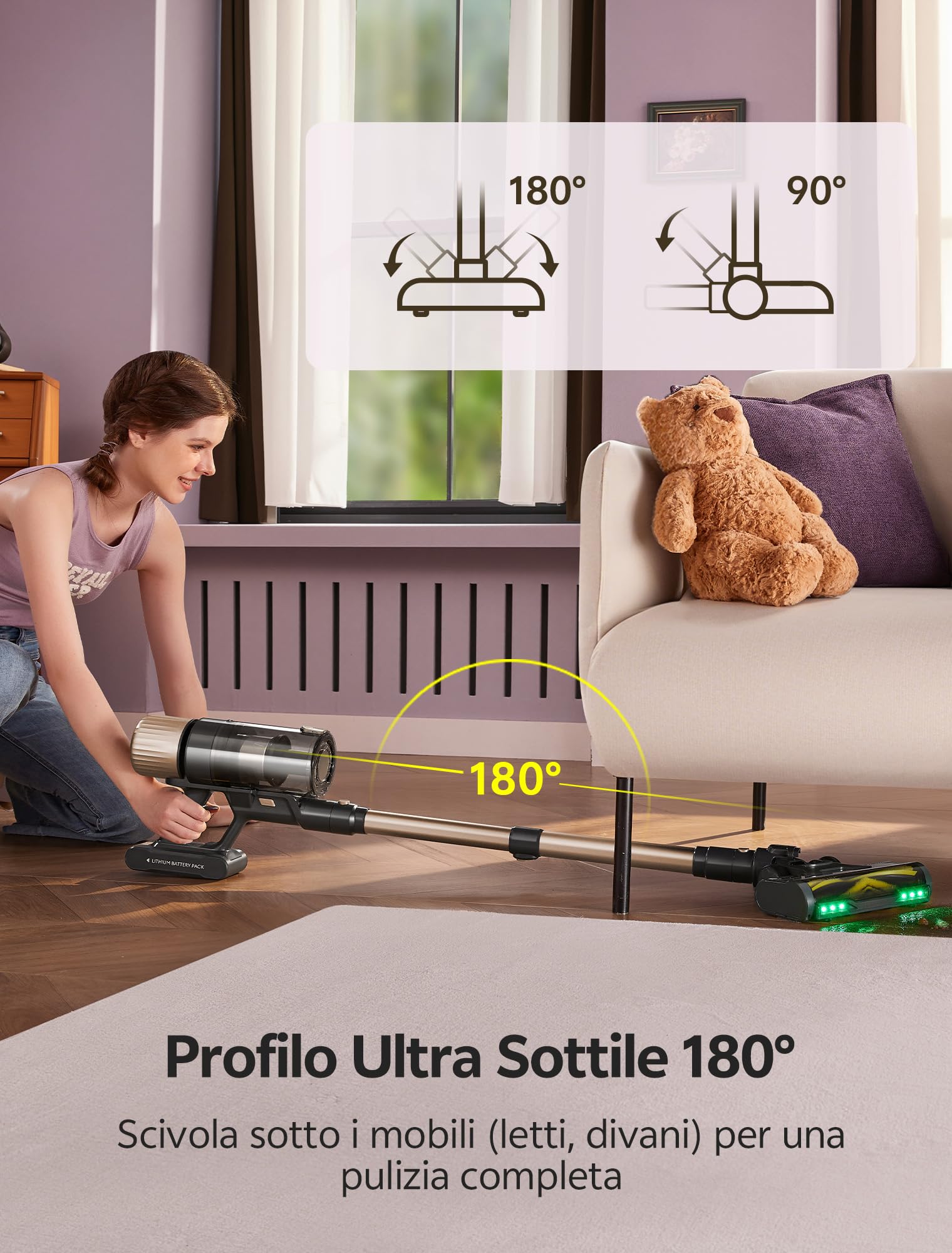 Ultenic Aspirapolvere per scopa senza fili, 50 kpa/65 min, potente aspirapolvere senza fili, asta telescopico regolabile, design autoportante, tecnologia GreenEye, per tappeti, pavimenti duri, peli di