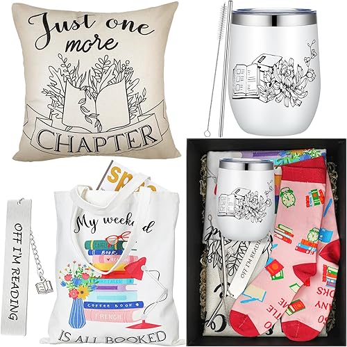 Miniatura 7 de Tioncy 5 piezas de regalos para amantes de los libros para amantes de los libros, incluye bolsa de mano de 12 onzas, vaso de vino, funda de