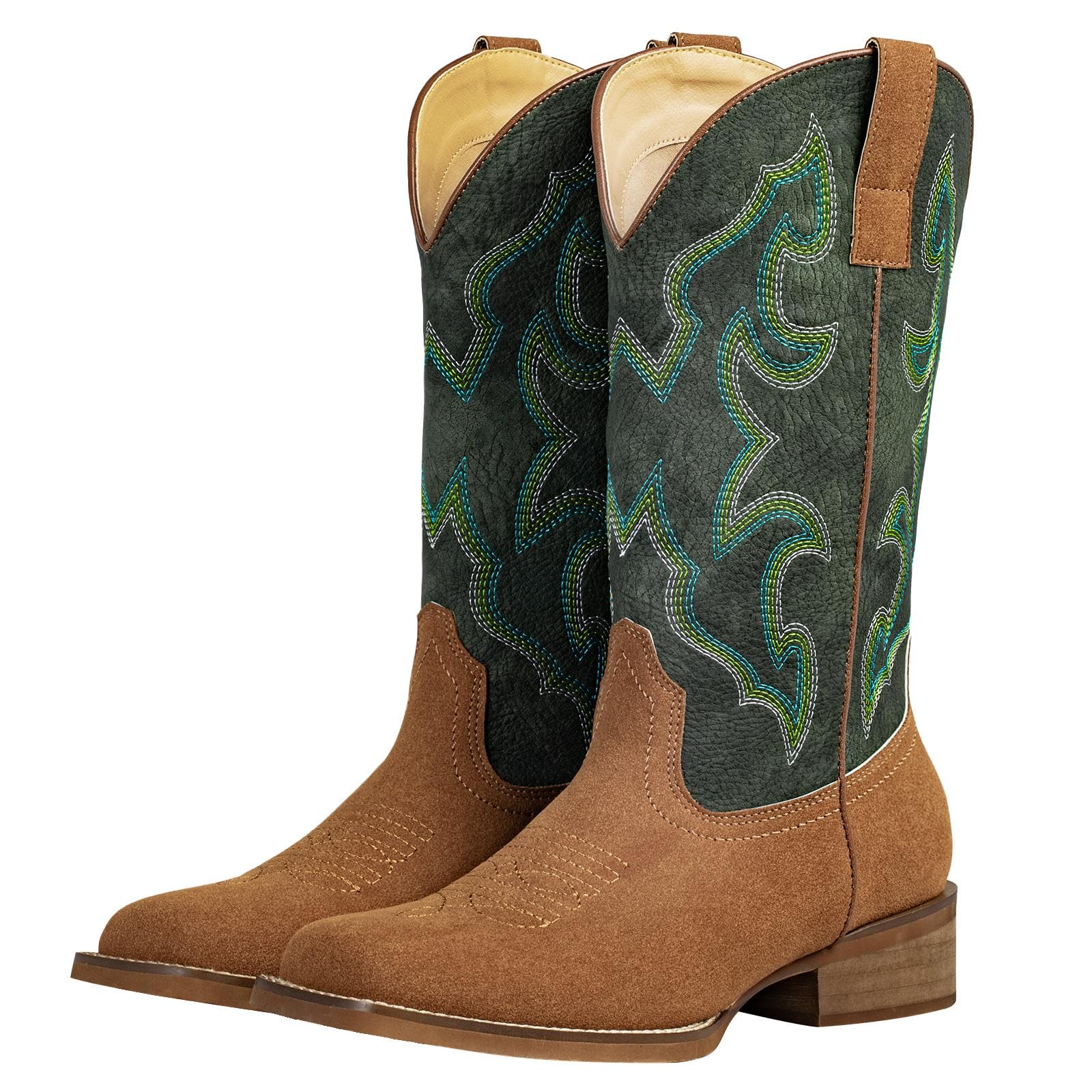 SheSole Square Toe Two-Tone Red Cowboy Boots for Women Green Cowgirl Western Riding Boots