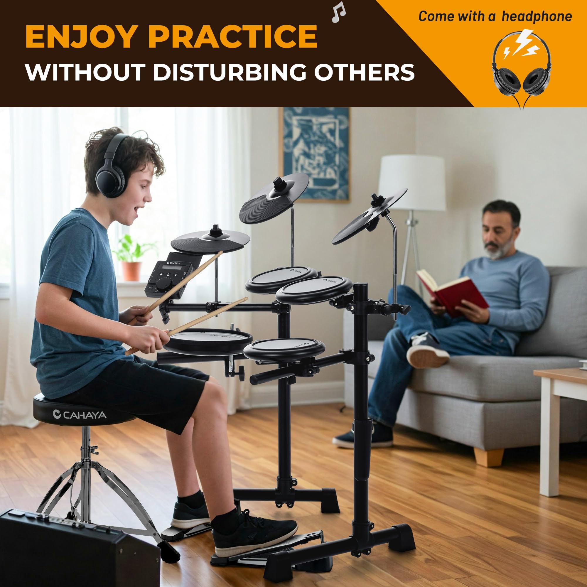 CAHAYA Batería Electrónica con Pads de Malla: Dual Trigger y 350 Sonidos – E-Drum Kit con Caja de 8", Kit Completo con Banqueta, Auriculares y Baquetas – Ideal para Niños y Principiantes