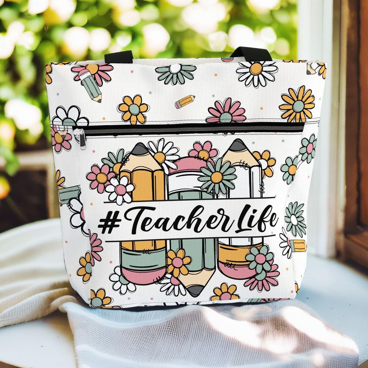 84hoods Large Tote Bag for Women Teacher. Aesthetic Shoulder Bag with Pockets and Zipper for Work. Gift for Teacher.