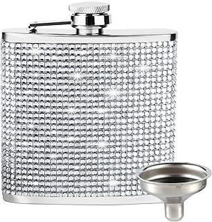 Flasks for Liquor for Women Silver Diamond,6 Oz Rhinestones Stainless Steel Hip Flask Leakproof with Funnel,Never-Lose Cap Flask