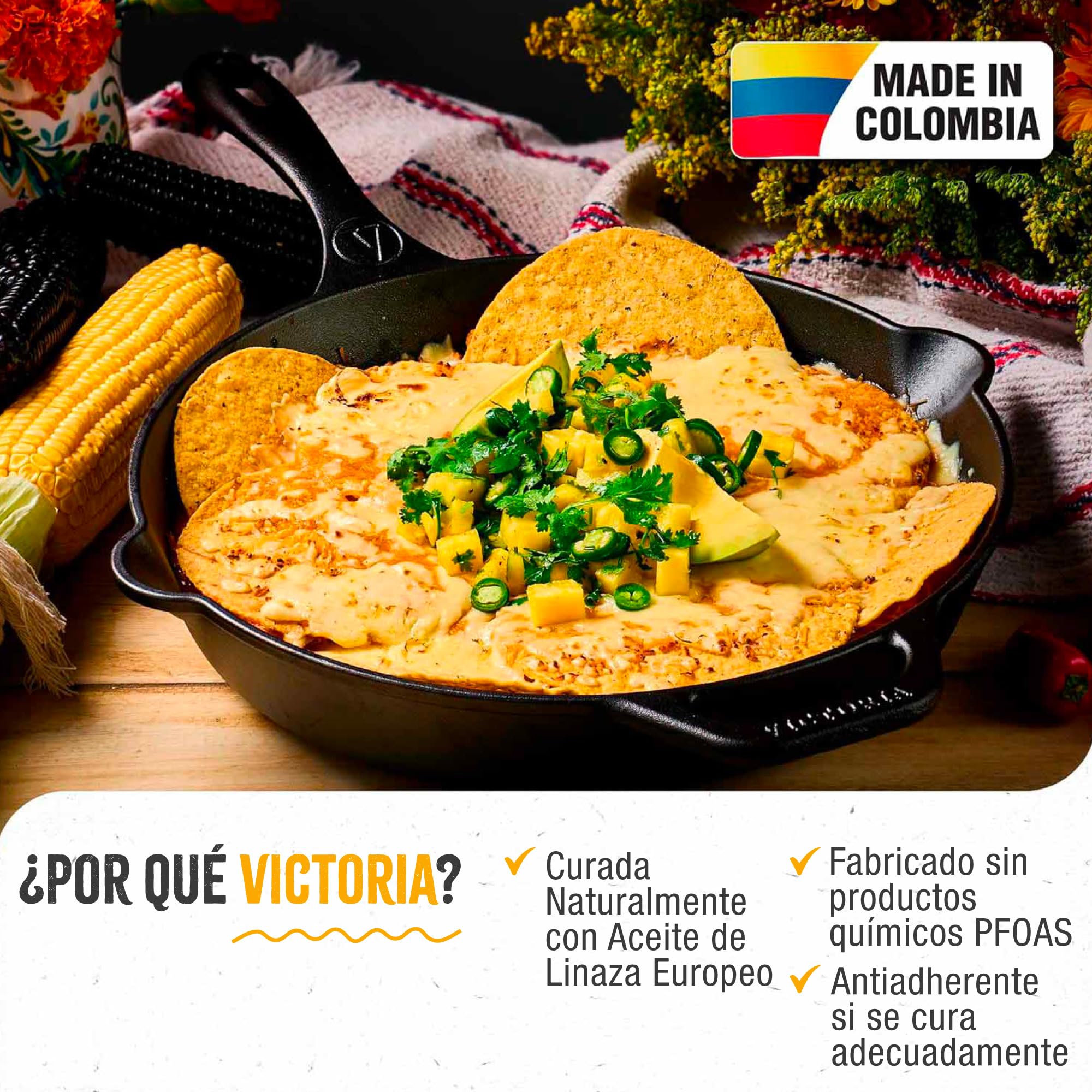 VICTORIA Sartén Hierro Fundido Curado 30cm, Day of the Dead La Calaca Apta Barbacoa, Horno, Inducción, Gas, Cast Iron Skillet Curada para Crear Antiadherente Libre de Tóxicos sin PFOA