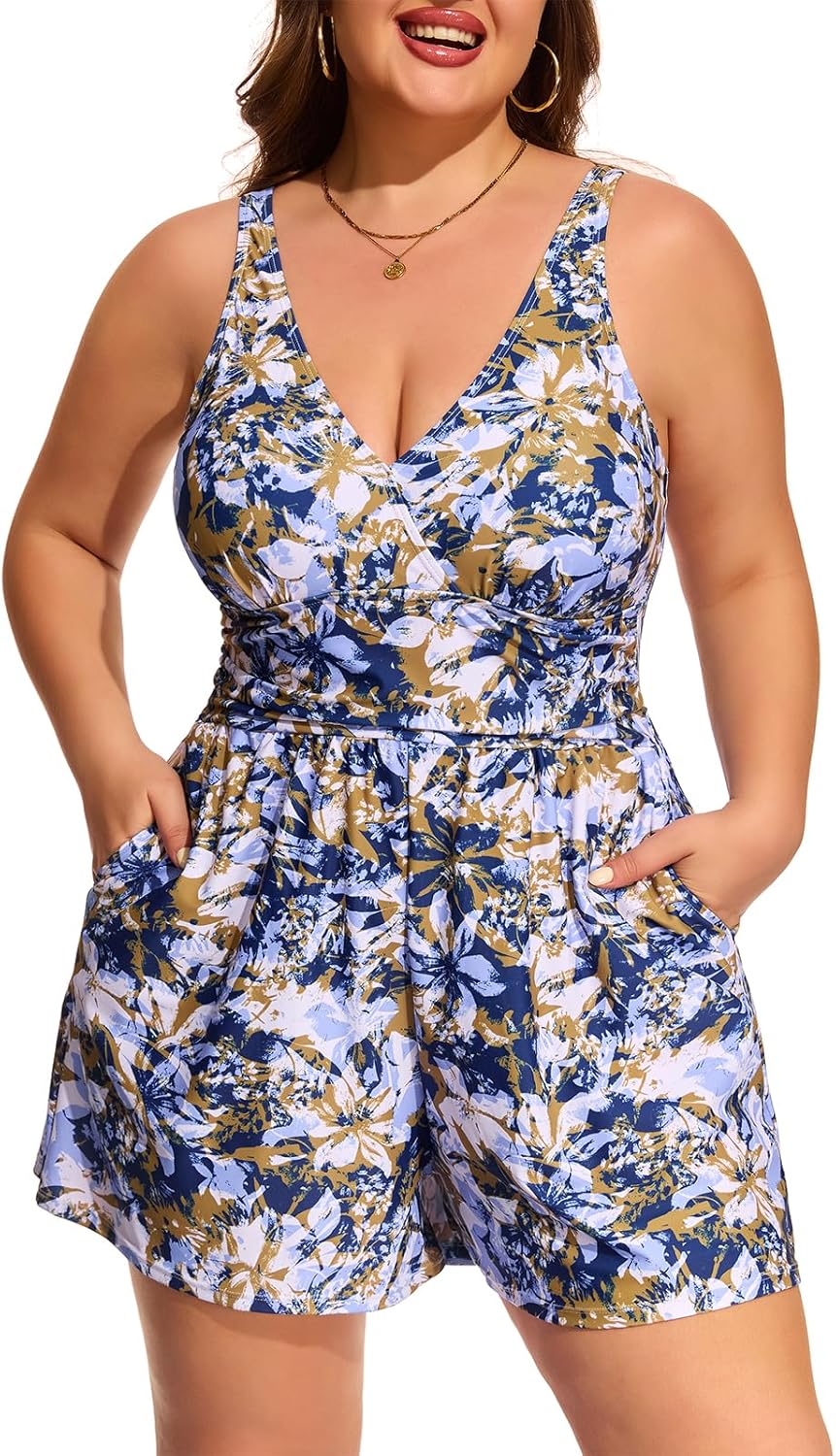 Smismivo Plus Size Swimsuits for Women One Piece Modest Swim Rompers Bathing Suit with Shorts and Pockets Swimwear 2026