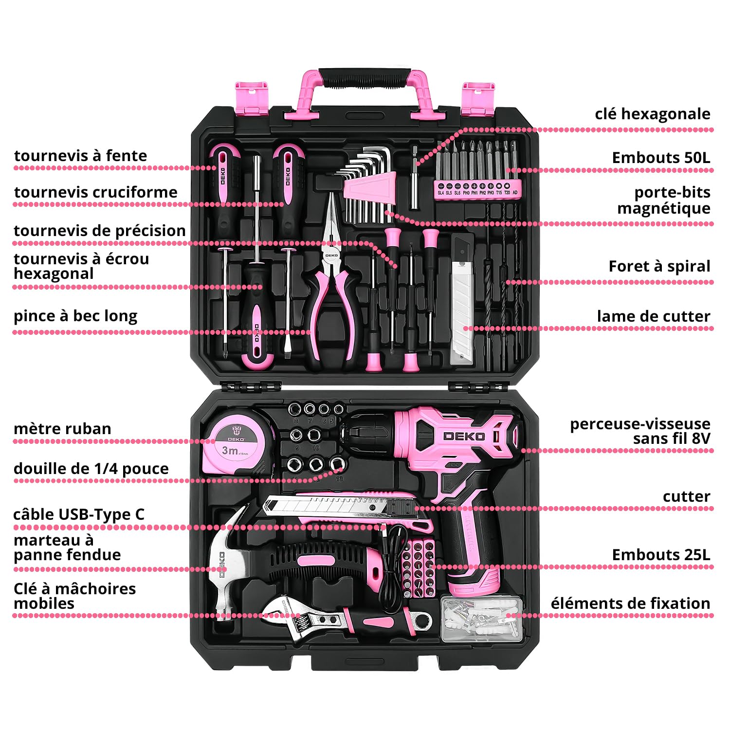 DEKO Caisse a Outil Rose avec Perceuse Visseuse Multifonction Sans Fil 8V, 126 Pièces Malette Outils complete, Ensemble d'Outils avec Perceusepour Réparation, Entretien et Travail