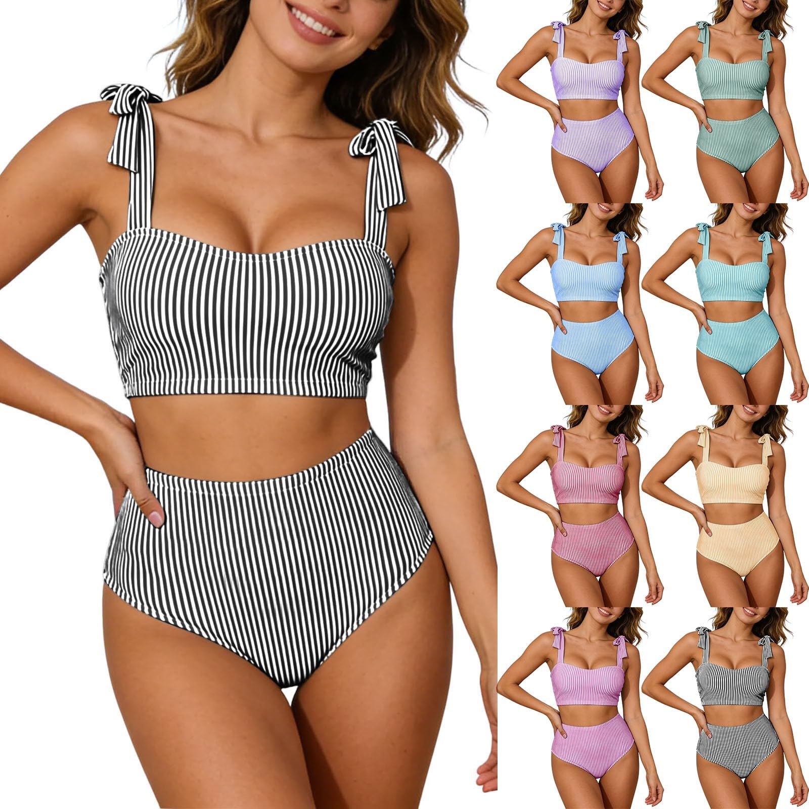Maillots de Bain Femme Deux Pièces, Imprimé Rayures Verticales Push Up Rembourré Haut à Nœud Ajustables Chic Taille Haute Bikini Set Col V Élégant Bretelles Réglables Été Ensemble Swimwear