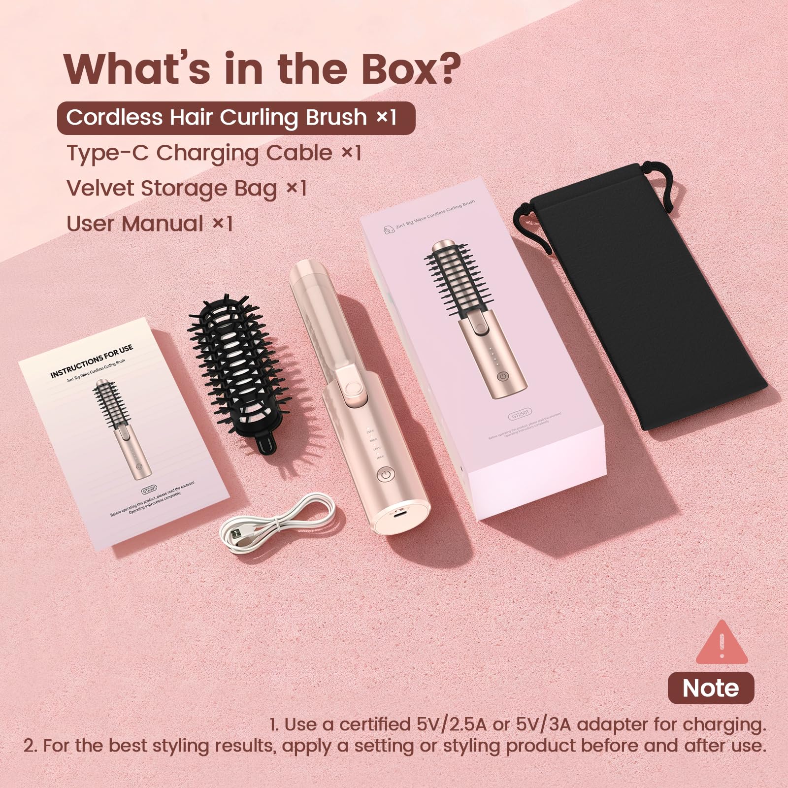 Youbella Cepillo rizador de cabello inalámbrico, rizador de pelo portátil de viaje, mini cepillo redondo calentado de 1.5 pulgadas, varita alisadora recargable por USB 3 en 1 para peinar y alisar, 200