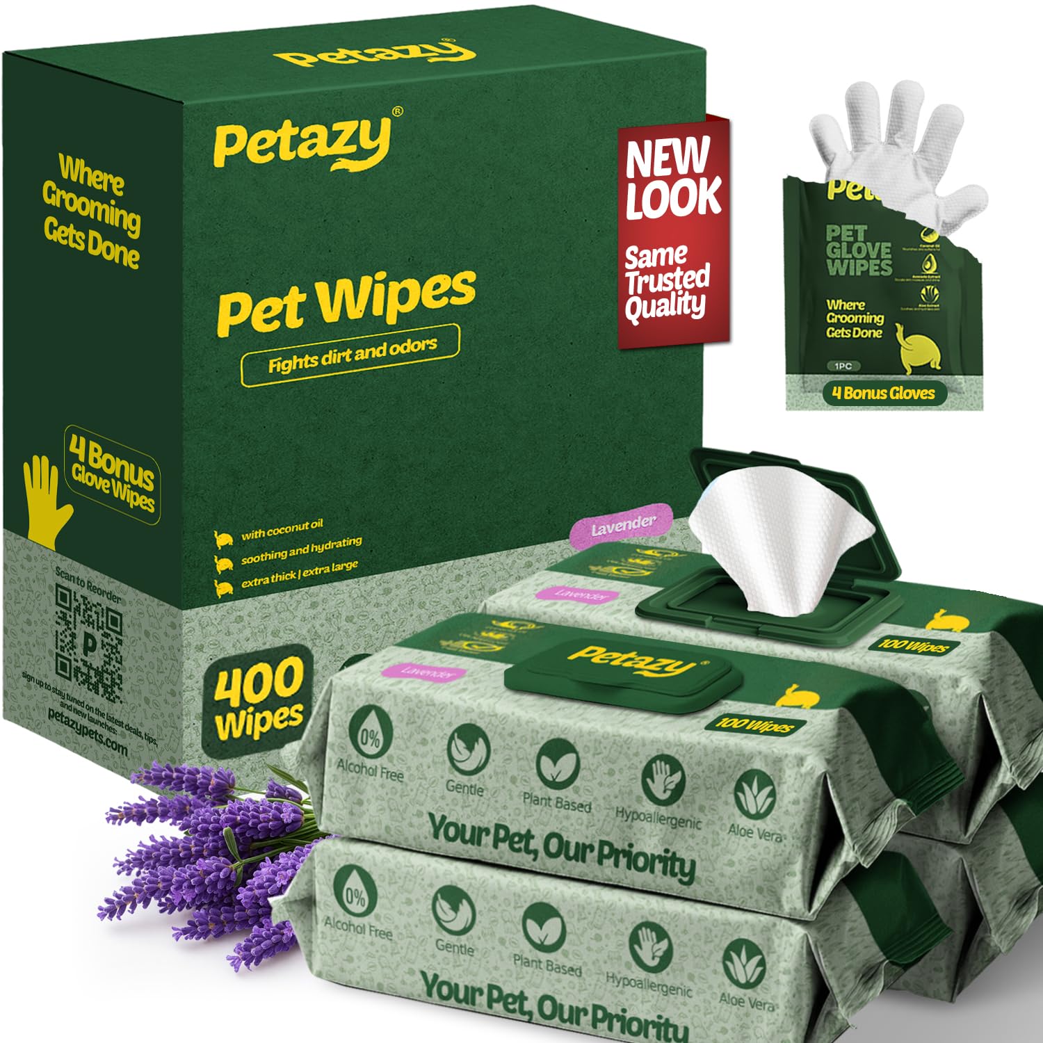 400 Dog Wipes for Paws and Butt Ears Eyes | Organic Pet Wipes for Dogs | Lavender Scented Dog Wipes Cleaning Deodorizing | Extra Thick Paw Wipes for Dogs Cats Pets | Bonus Glove Wipes Included
