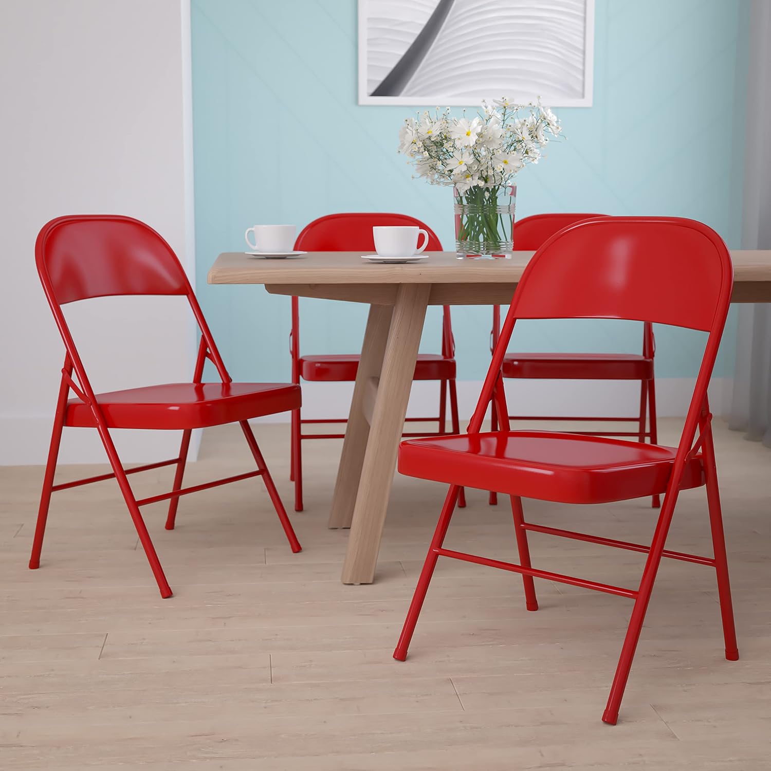 EMMA + OLIVER 4 Pack Double Braced Red Metal Folding Chair