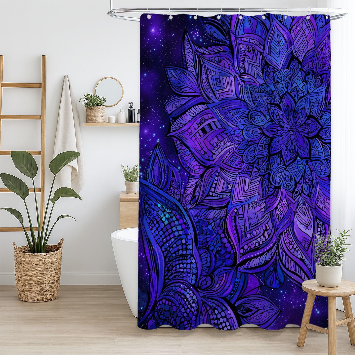 Zasłona prysznicowa 120 x 200 cm, 1 panel, miękka mikrofibra, wodoodporna i odporna na pleśń, nadaje się do prania, do łazienki, wanny, z oczkami i haczykami, ciemnoniebieska, delikatne płatki mandali