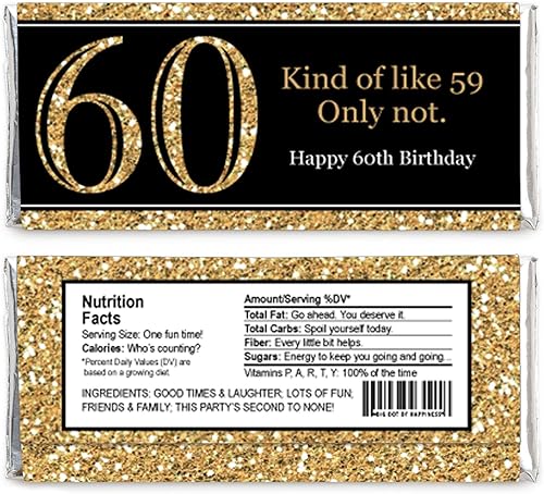 Miniatura 2 de Big Dot of Happiness Paquete de 24 envoltorios para adultos de 60 cumpleaños, color dorado, para dulces