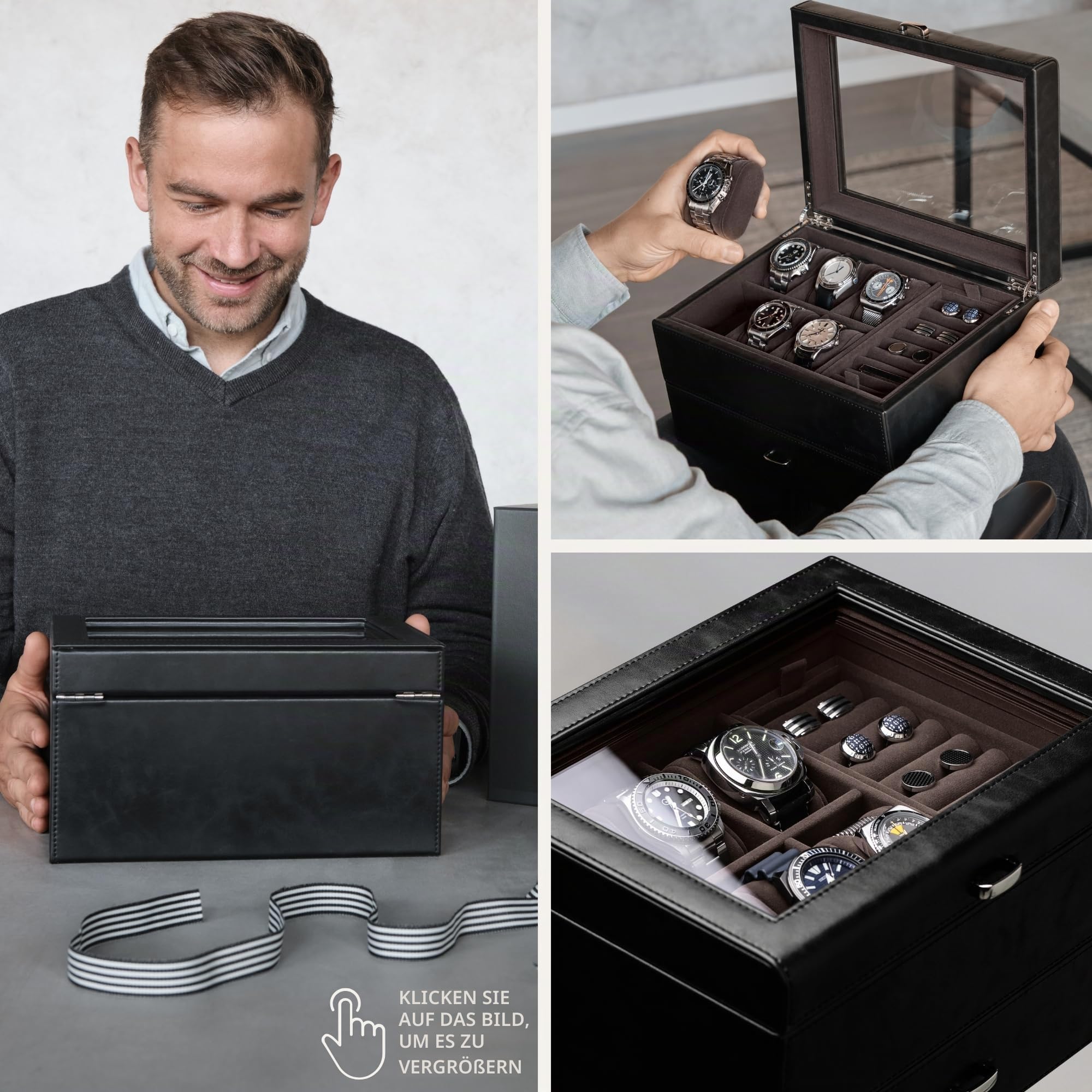 TAWBURY Uhren- und Schmuckkästchen für Herren – Uhrengehäuse mit 6 Schlitzen und Glasdisplay, abnehmbarem Manschettenknopf- und Ringhalter und anpassbarer Schublade zur Aufbewahrung von Sonnenbrillen