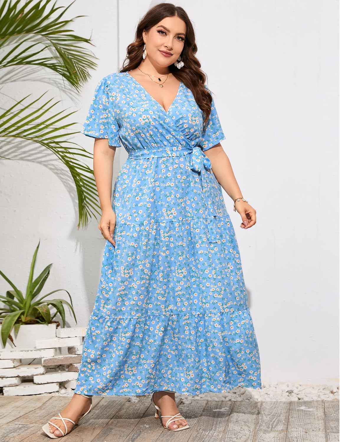 ShopWonder Womens Plus Size V Neck Wrap Maxi Dress High Waist Ruffle Summer Casual Dress with Belt - Image 3