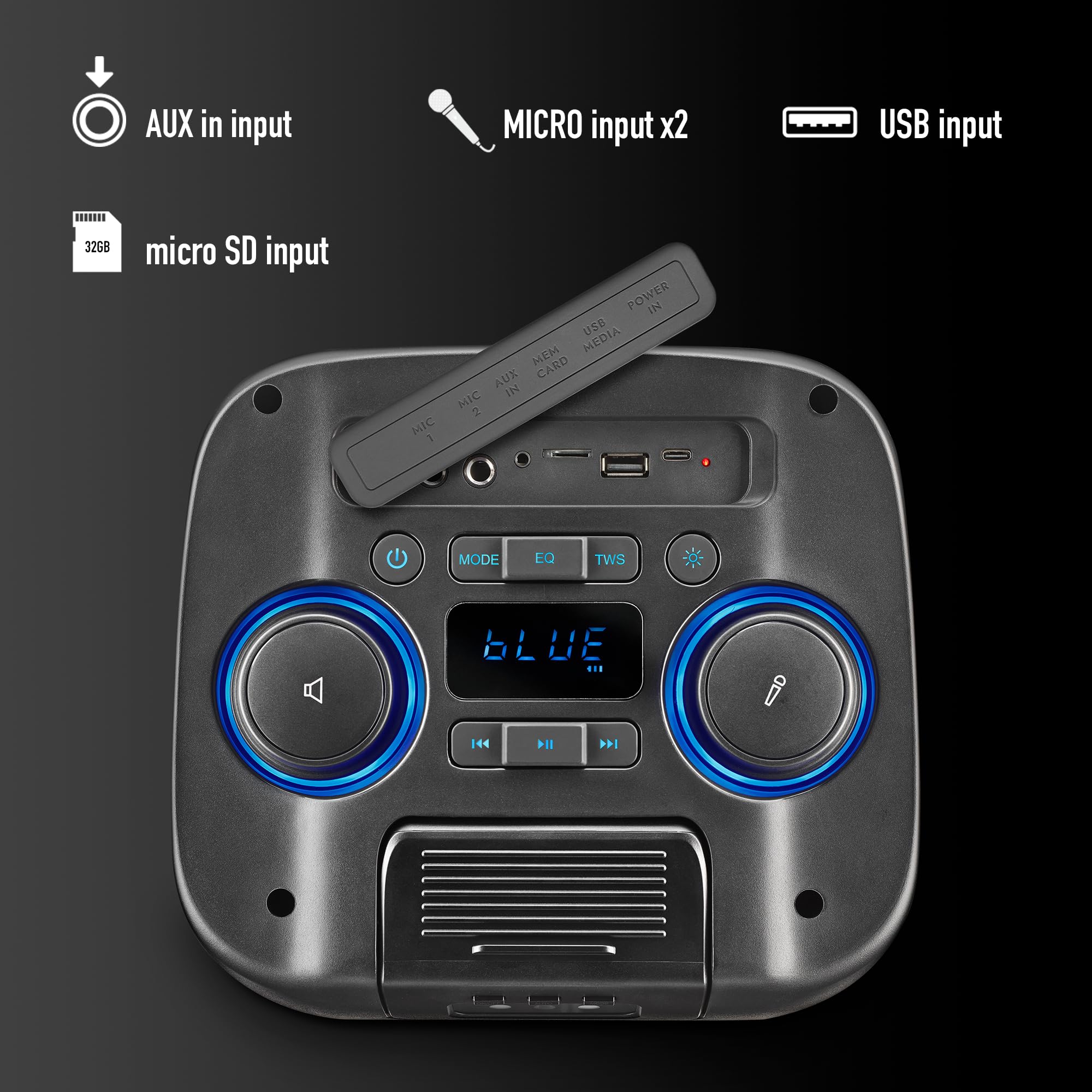 NGS Wild Club – Altoparlante portatile Fiesta Bluetooth 5.2, 80 W, luci laser e RGB, 2 ingressi microfono karaoke, 5400 mAh batteria 6H, USB/AUX/TF