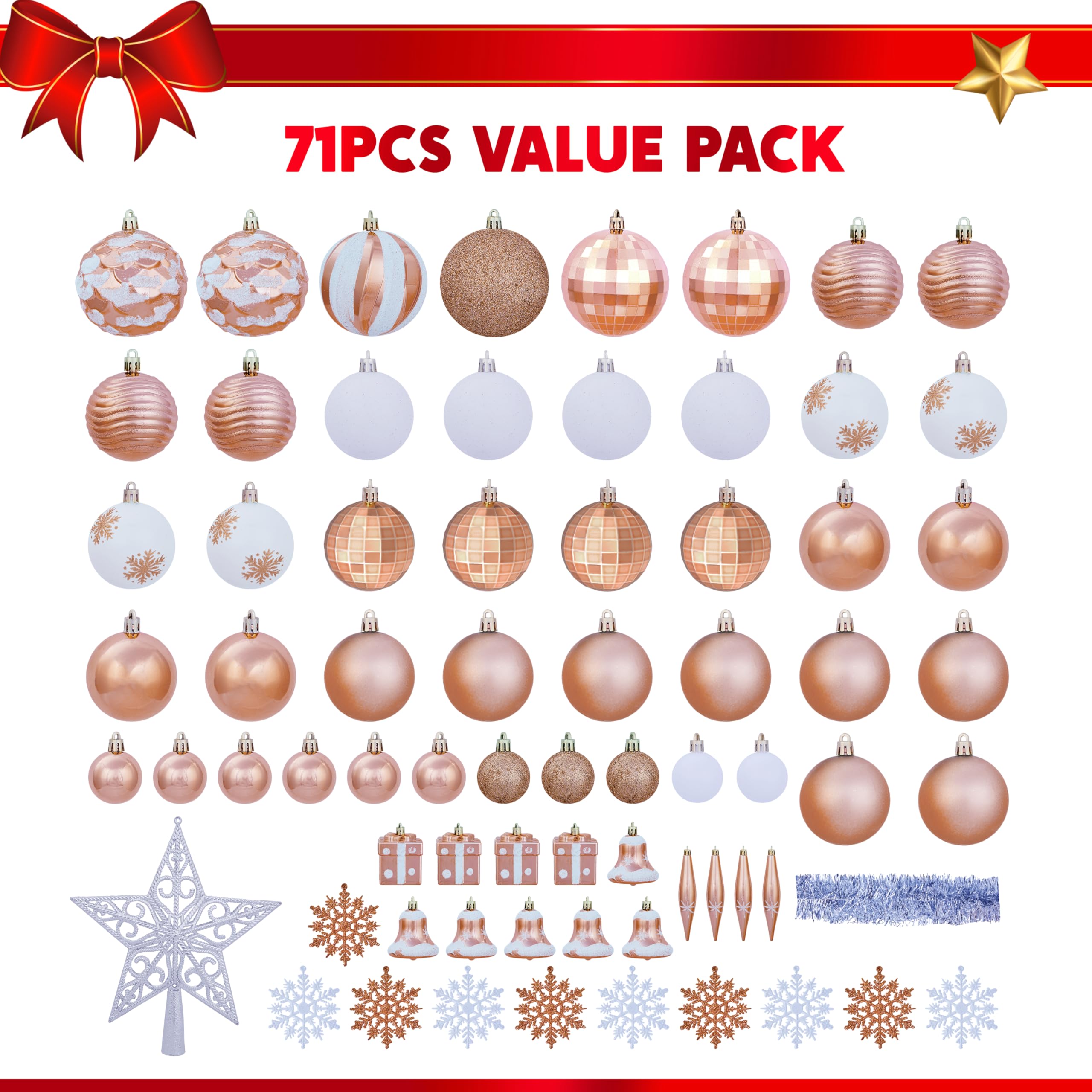 Joiedomi 71 Pcs Christmas Ornaments Set, Assorted Christmas Ball Ornaments with Star Tree Topper, Xmas Shatterproof Hanging Decoration for Tree Decor Wreath Garland Party Supplies (Champagne & White)