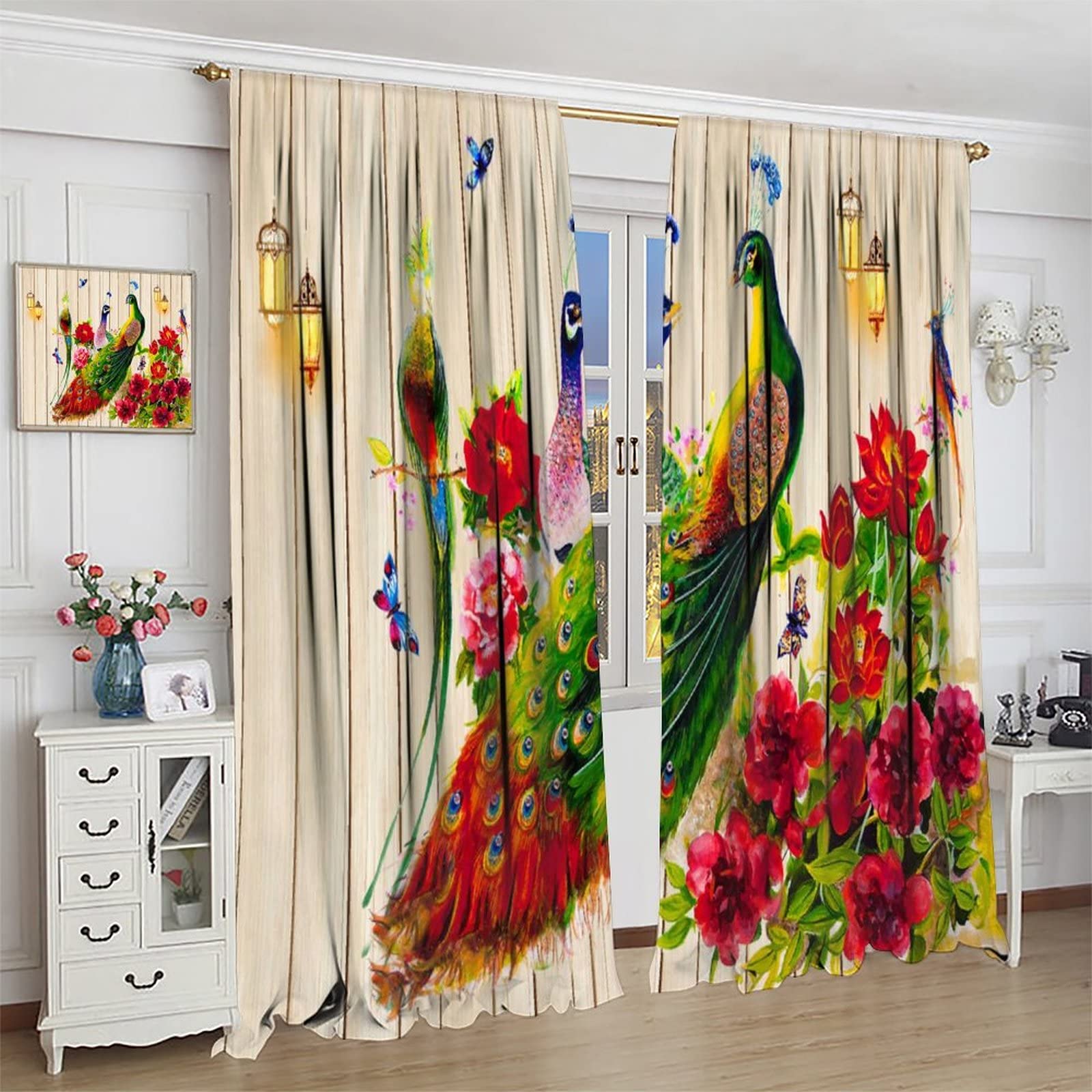 Amazon｜クジャクのカーテン 赤い花 孔雀 木製ボード 背景テーマ