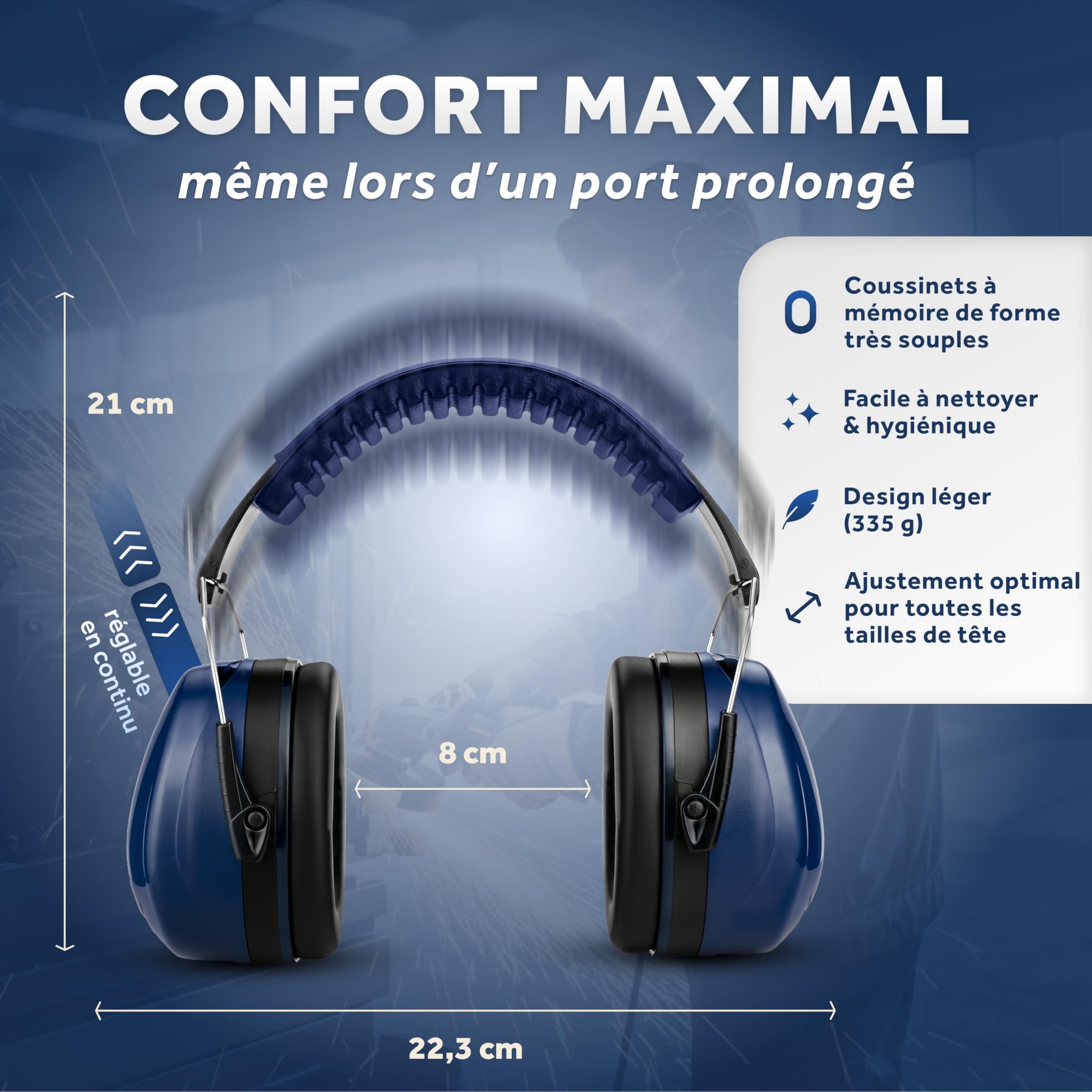 Schallwerk ® Work+ protection auditive de travail – taille des casque anti bruit ajustables – atténue le bruit et protège l'audition – idéal pour le travail et la vie quotidienne (Navy Blue)