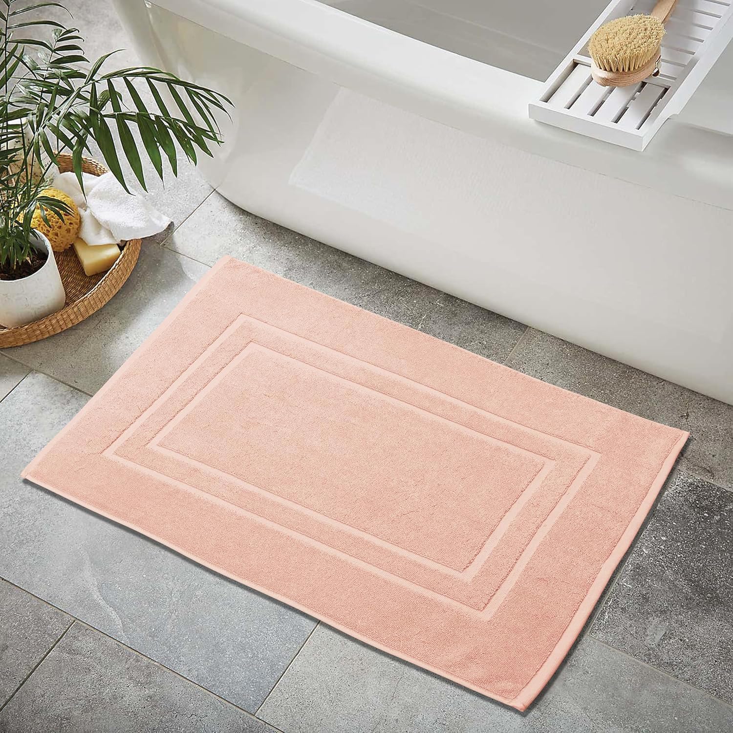 Feather & Stitch 100% Cotton Terry Bath Mats, 2 Piece Towel Like Bath Mats (30x21 Inch) Bathroom Shower Step Out Tub Floor Mats [NOT A Bathroom Rug] Soft Absorbent Washable Mats- Pale Peach - Image 7
