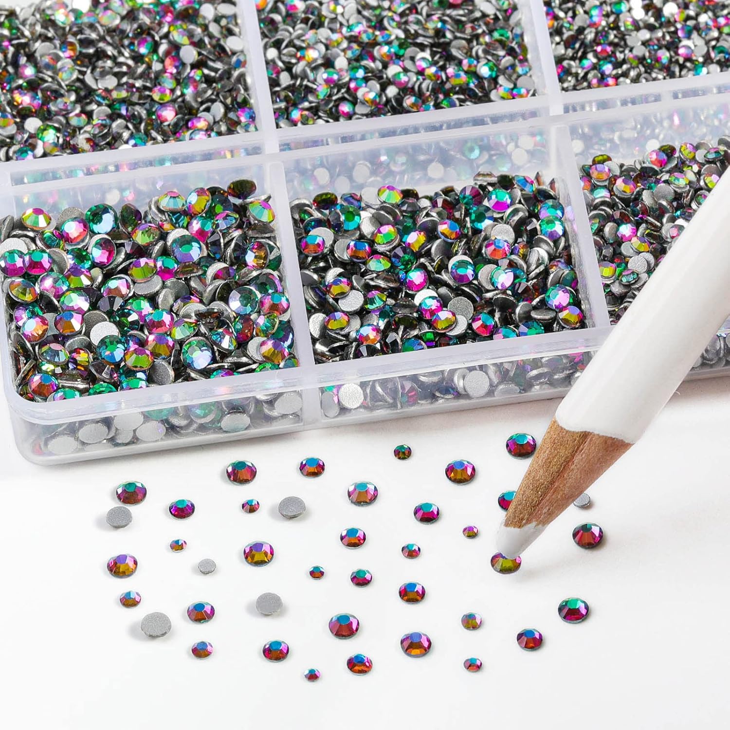 Beadsland 7200pcs Flatback Rhinestones,Champagne Rhinestone Nail Gems Round Crystal Rhinestones for Crafts,Mixed 6 Sizes with Wax Pencil Kit, SS3-SS10,Light Peach