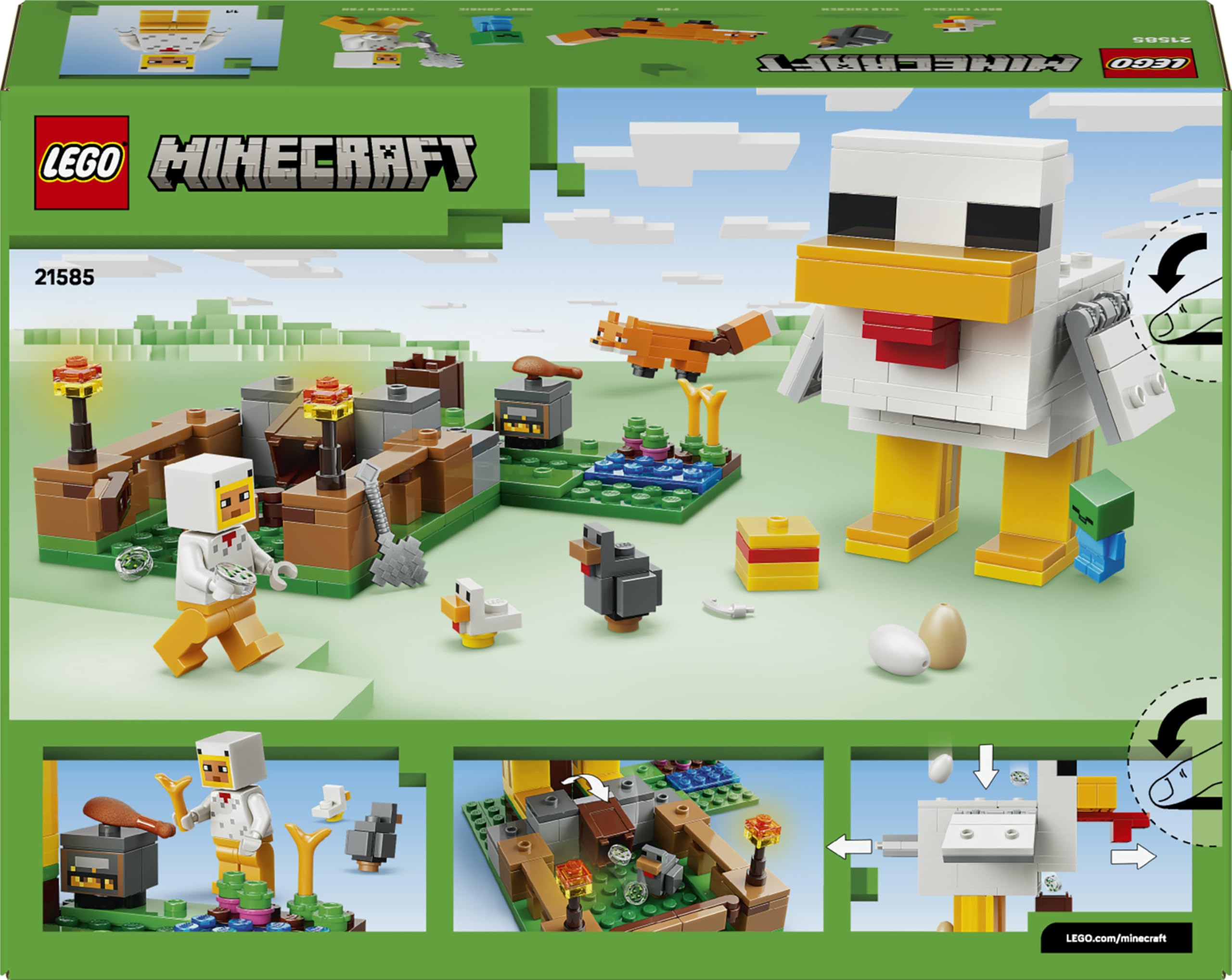 LEGO Minecraft La Ferme à Poulet - Jouet de Construction avec Minifigurine de Fan de Poule, Figurines Mobs de Bébé Zombie & Renard - Cadeau Gaming pour Fille ou Garçon dès 7 Ans 21585