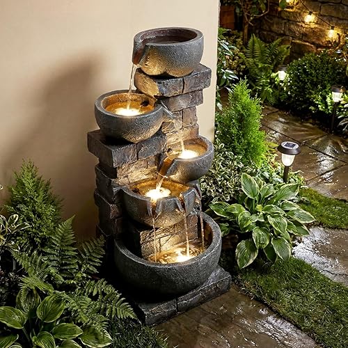Giantex 33'' Water Fountain Outdoor, 5-Tier Cascading Stacked Stone Bowl