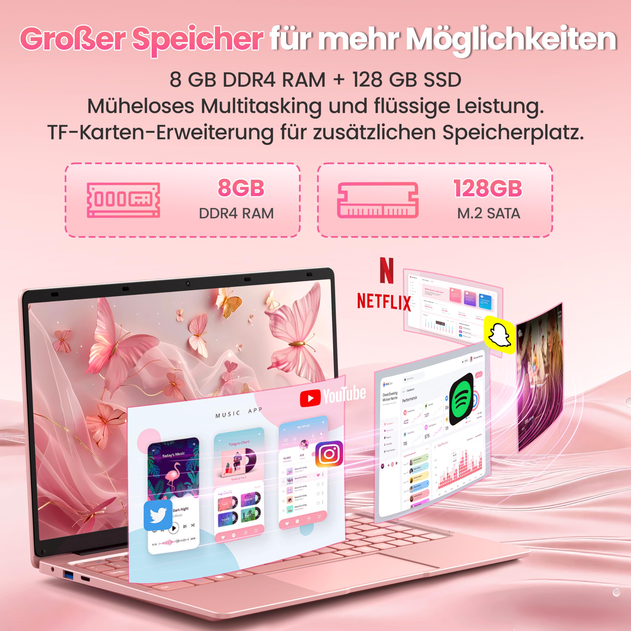 14 Zoll Laptop, 8GB RAM, 128GB SSD, Celeron J4105 bis zu 2,5 GHz | FHD Display, Webcam, WiFi, USB 3.0 x2, Mini-HDMI, ultradünnes Notebook für Anfänger und Studenten, inkl. DE Tastaturabdeckung