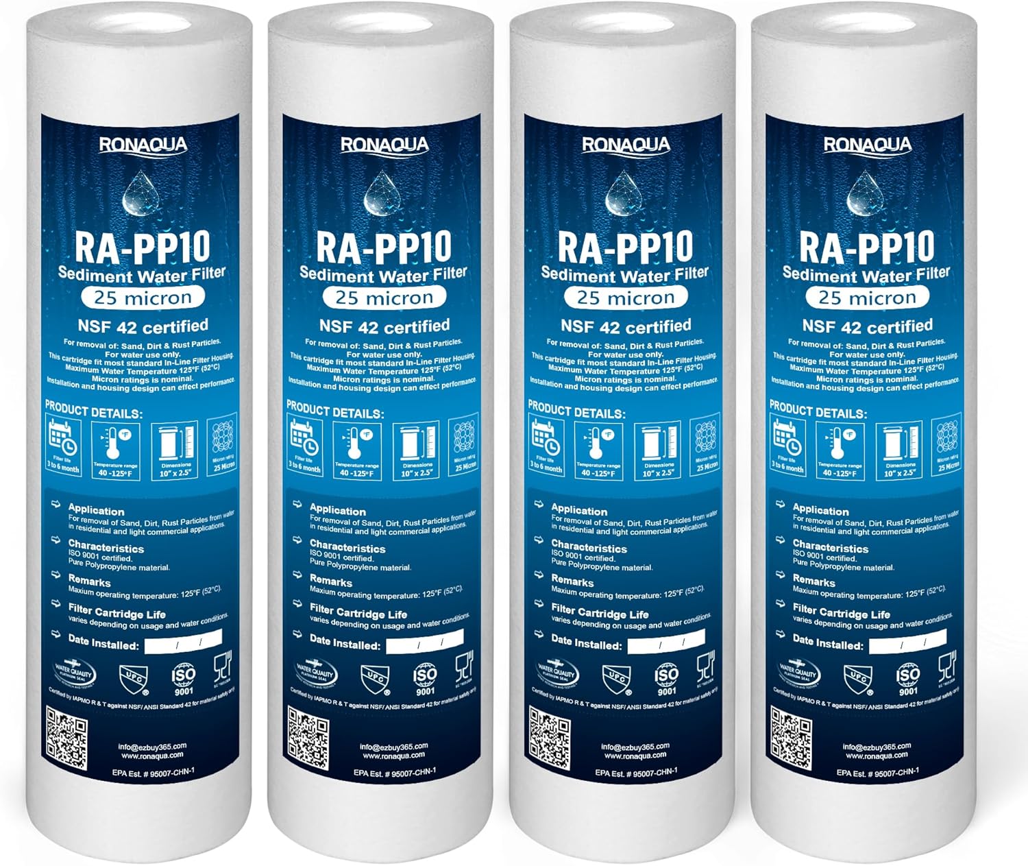 Ronaqua 25 Micron Sediment Water Filter Cartridge 10"x2.5", NSF Certified, 4-Layer Filtration for any 10-inch RO Units & Whole House Systems, Compatible with Culligan P5, AP110, WHKF-GD05, 4 Pack
