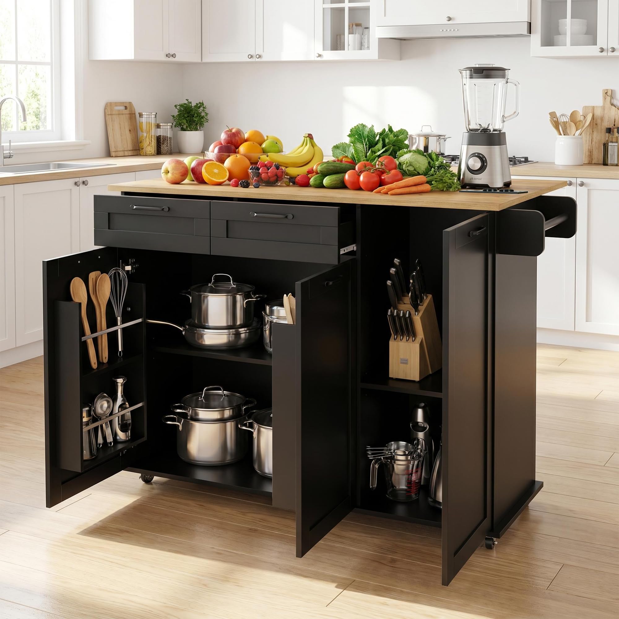 Carrello da Cucina con Ruote, Isola da Cucina con Piano Ribaltabile, Con Prese Elettriche e Porte USB, 119,5 x 74 x 94 cm, Carrello Salvaspazio per Cucina e Soggiorno, Nero