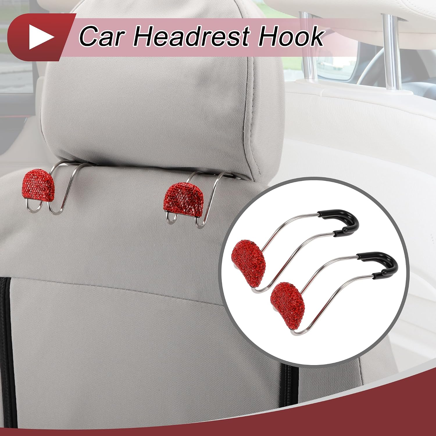 2 Pcs for Purses and Bags, Umbrella Etc Car Seat Headrest Hook Sturdy Car Seat Back Organizer Hooks Red Rhinestones 4.69"x1.57"