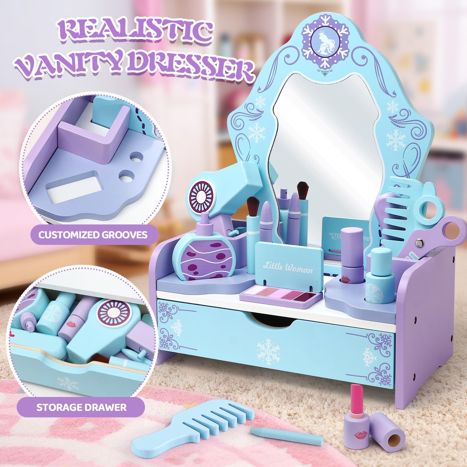 Atoylink Eiskönigin Schminktisch Kinder für Mädchen, 12-Teiliges Schminkset mit Kinderschminke Set & Friseur Set, Frozen Schminke Holzspielzeug, Eiskönigin Spielzeug Geschenk für Mädchen ab 3 Jahren
