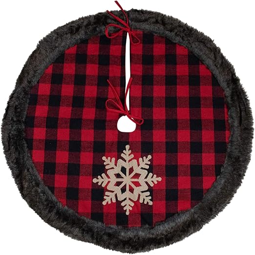 48-Inch Red and Black Christmas Tree Skirt with Burlap Snowflake