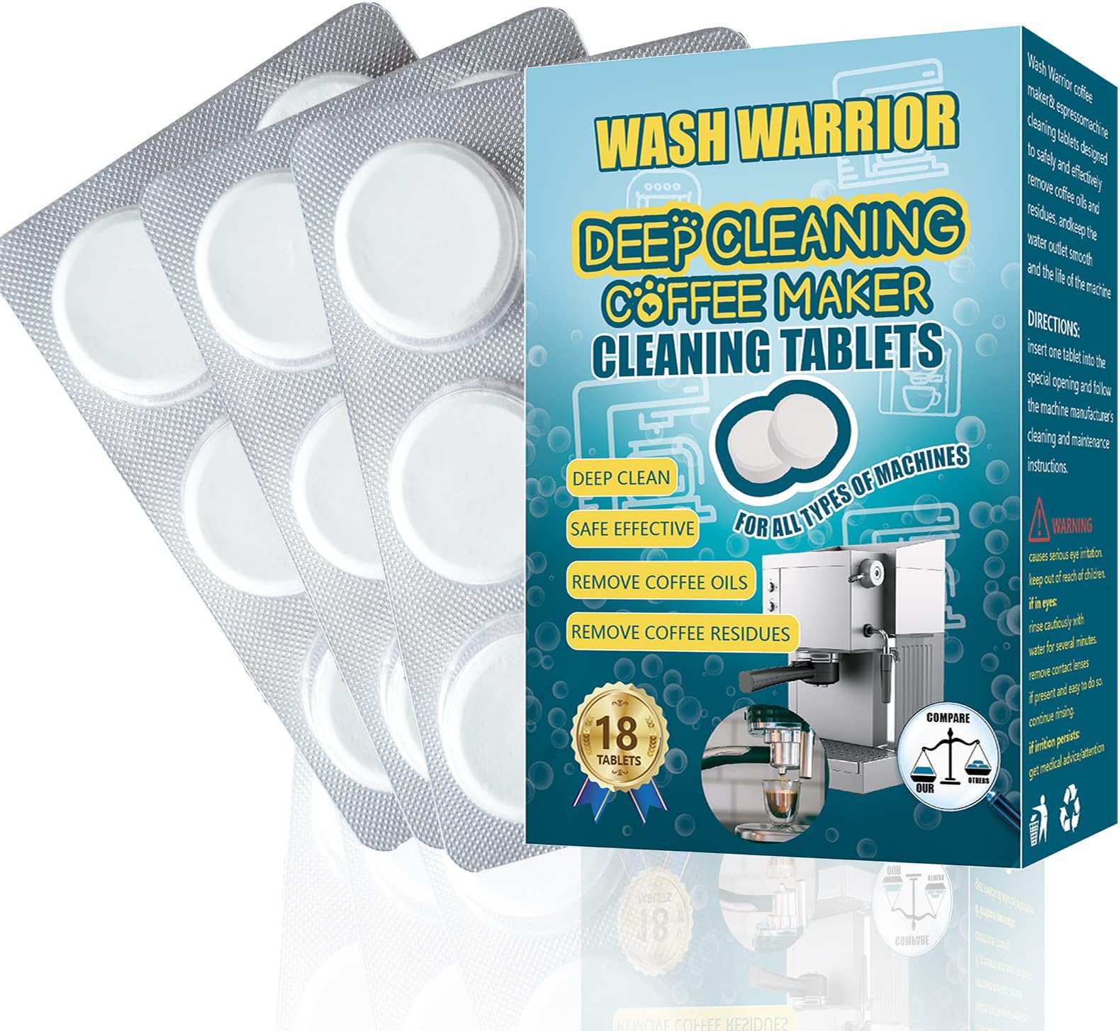 Wash Warrior 18 Tablets(5g/tabs) Espresso Machine Cleaning Tablet Works on Breville and all brands of espresso machines, Coffee Maker&Coffee Pot Cleaner And Descaler, Non-Toxic Biodegradable