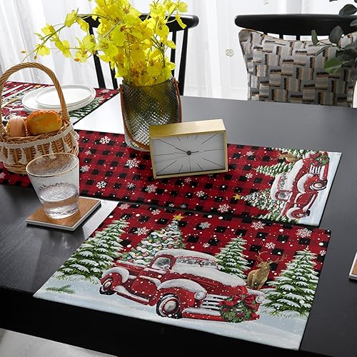 Miniatura 4 de Juego de 6 manteles individuales de camión rojo nevado con caminos de mesa de 70 pulgadas de largo, manteles individuales de lino y algodón, juego