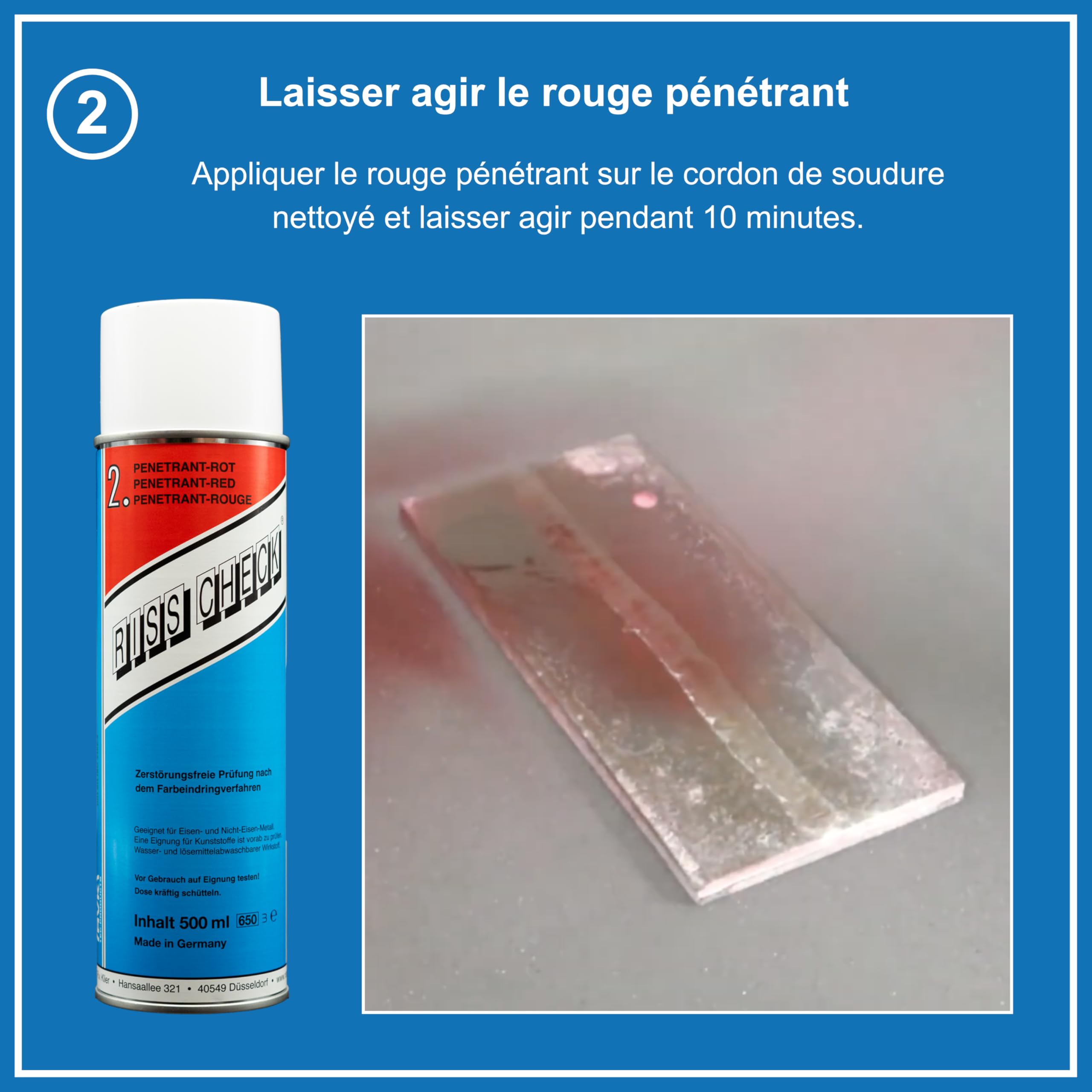 Kit contrôle par ressuage 3×500 ml – Spray nettoyant fissures, spray détecteur rouge, spray contraste blanc – Essai non destructif conforme DIN EN ISO 3452-2