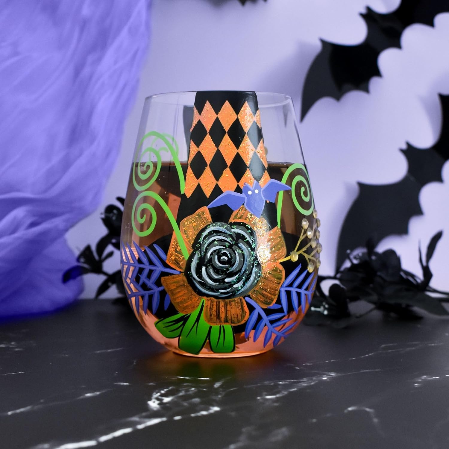 Enesco Lolita Halloween My Fancy Witch Hat Hand-Painted Artisan Stemless Wine Glass, 20 Ounce, Multicolor