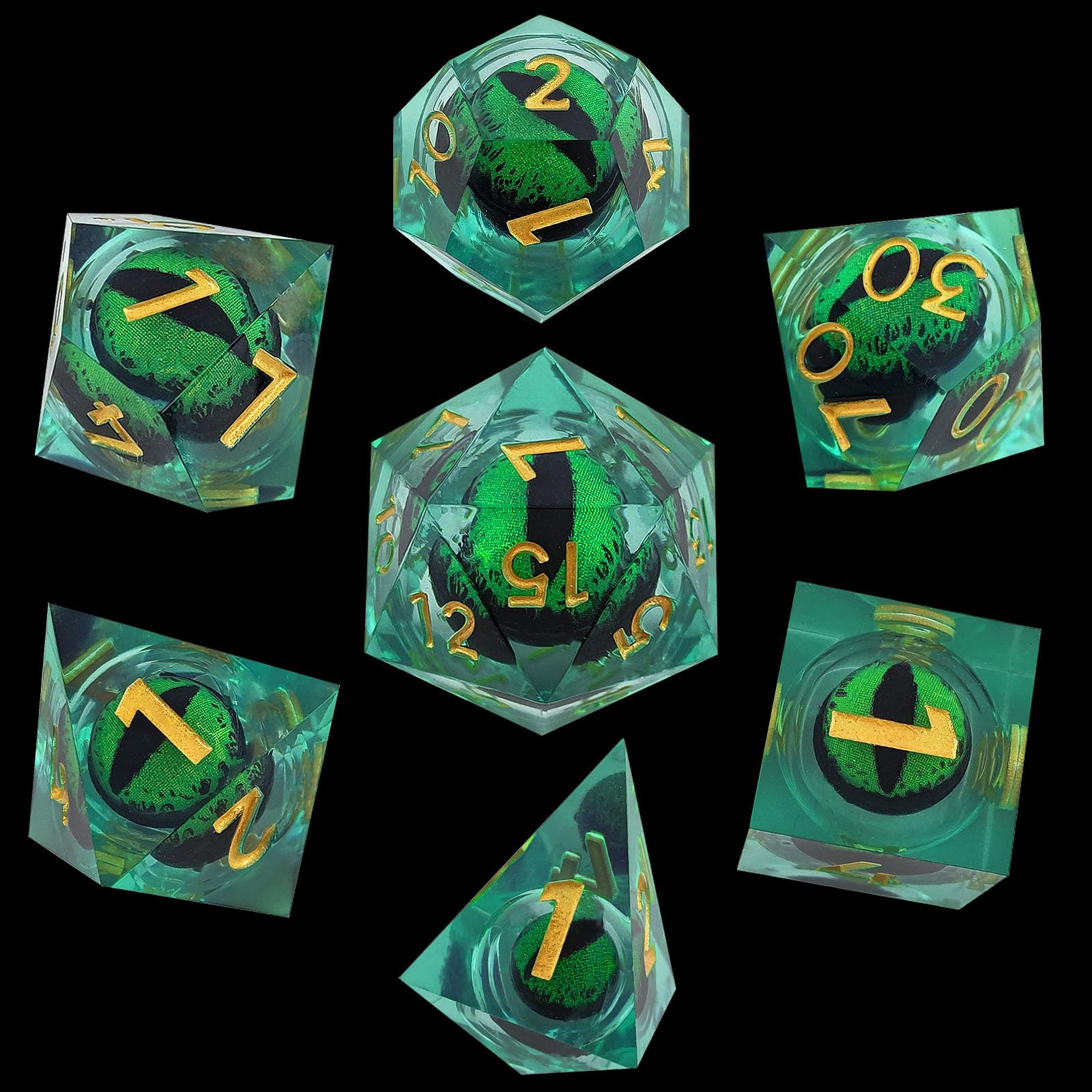 ORUZA 7 PCS Dragon Eye DND Dice Liquid Core D&D Dice Resin Sharp Edge Polyhedral D&D Dice Set for Dungeons and Dragons Role Playing Die D20 D12 D10 D8 D6 D4 D%