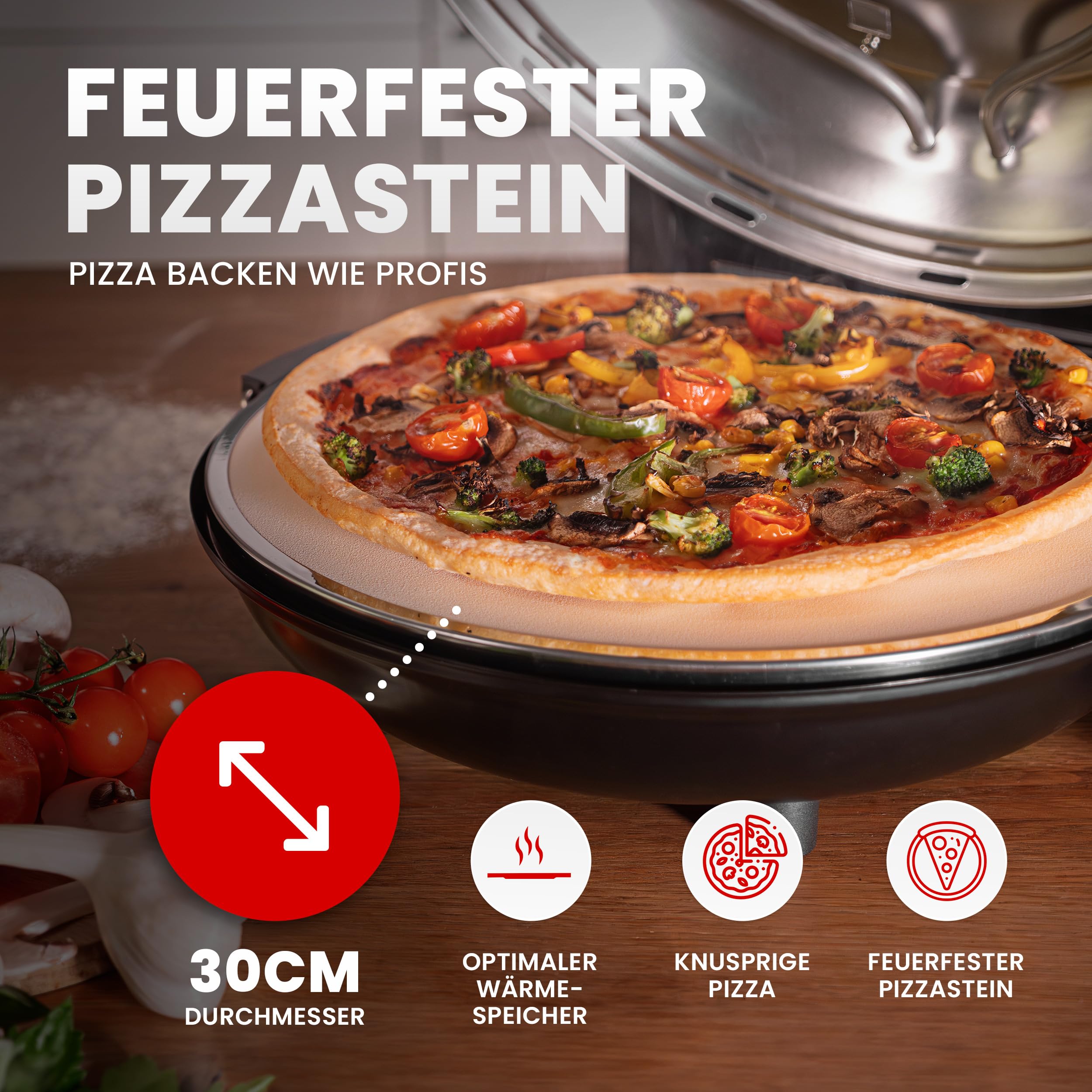 Pizzaofen elektrisch mit Pizzastein – Pizzamaker 1200W bis 400 Grad – Elektrischer Ofen für Zuhause & Outdoor – Timer & Sichtfenster – Mini Backofen für Pizza wie vom Steinofen