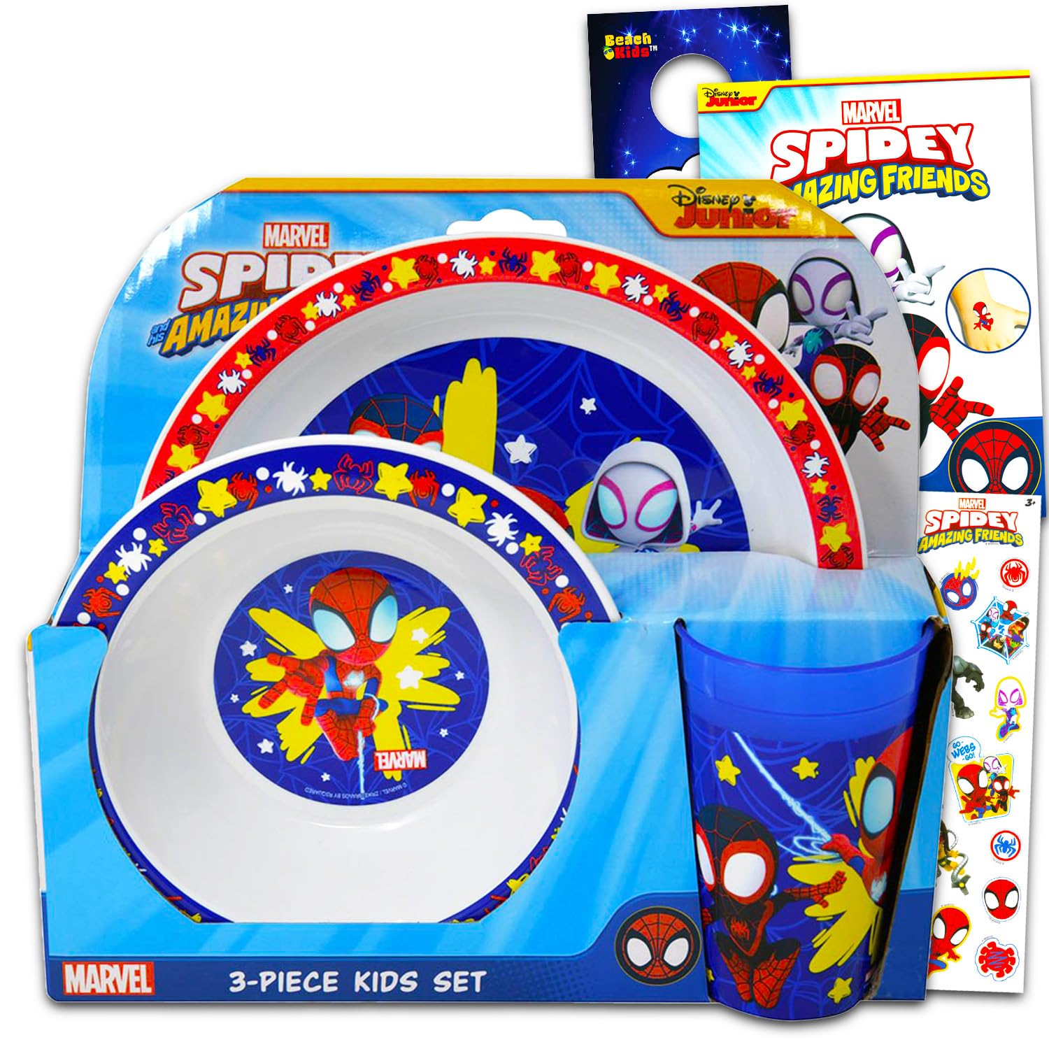 Spidey and His Amazing Friends Dinnerware Set for Kids, Toddlers - 3 Pc Kitchen Accessories Bundle with Spidey and Friends Dinner Plate, Cup, Stickers, More | Spiderman Flatware Set