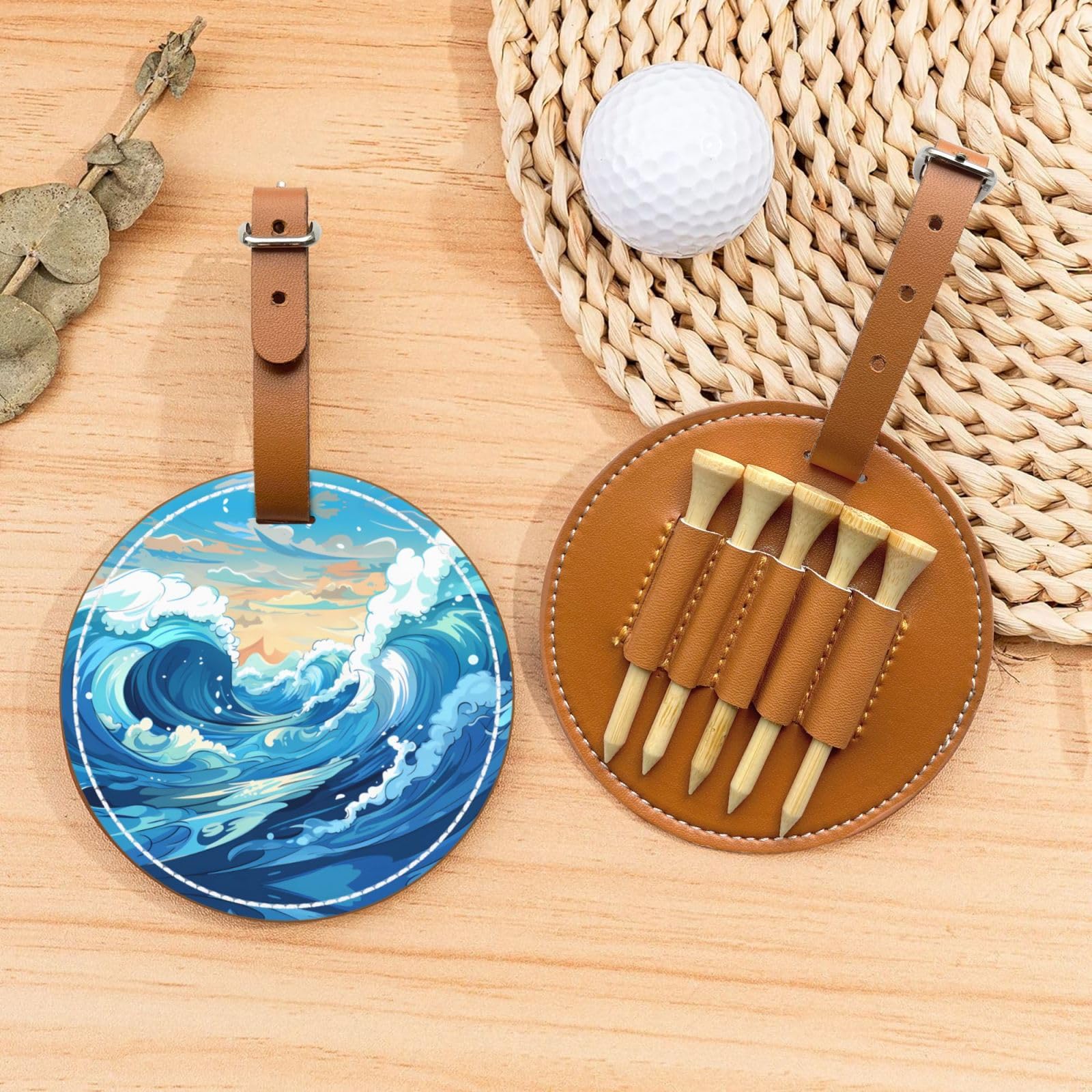 Cartoon Blue Waves Brown Golf tee Storage Bag - Durable and wear-Resistant Golf Accessories