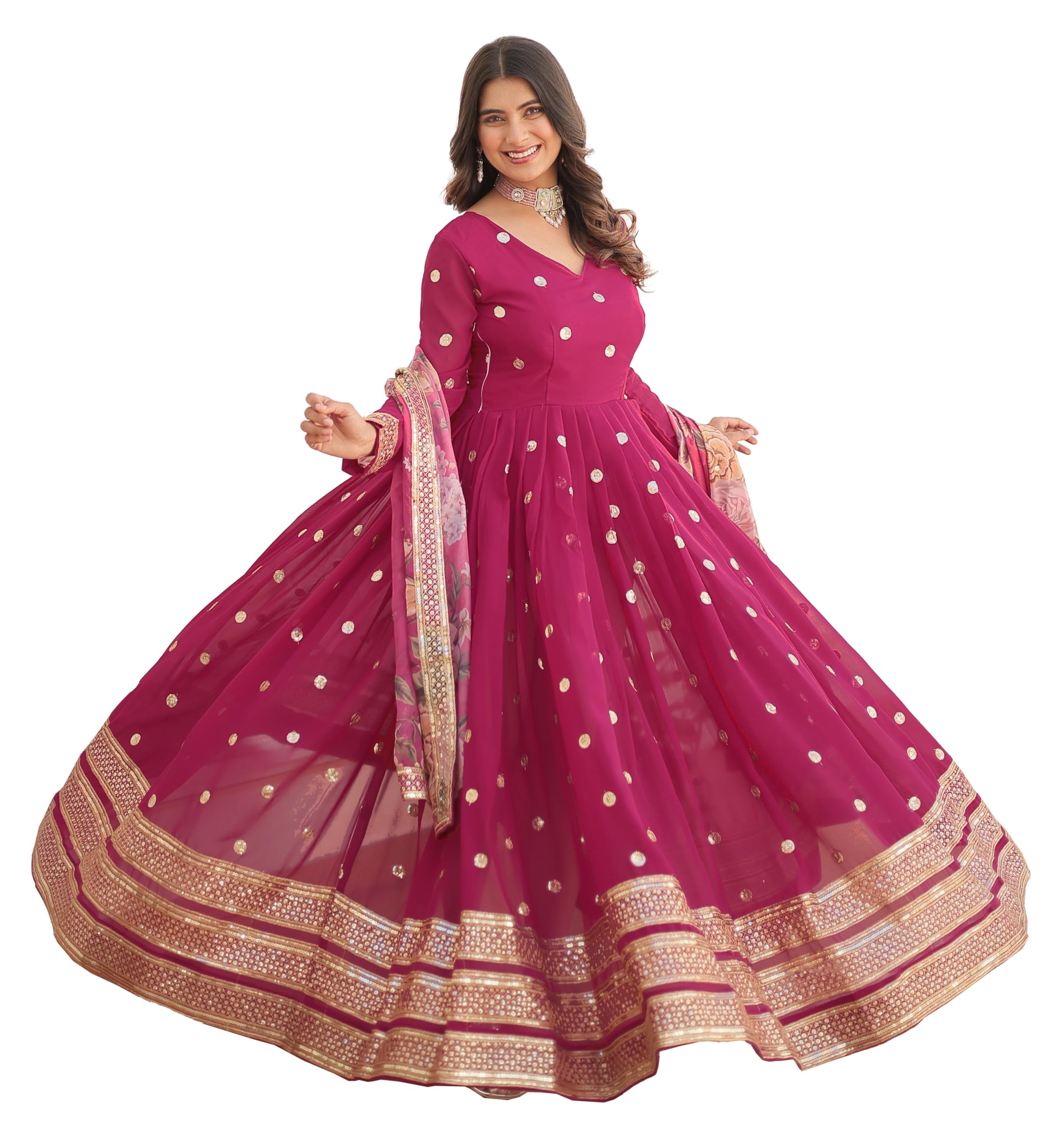 Fashion Basket Georgette Embroidered Anarkali Kurta Set For Women (In, Alpha, S, Regular, Pink)