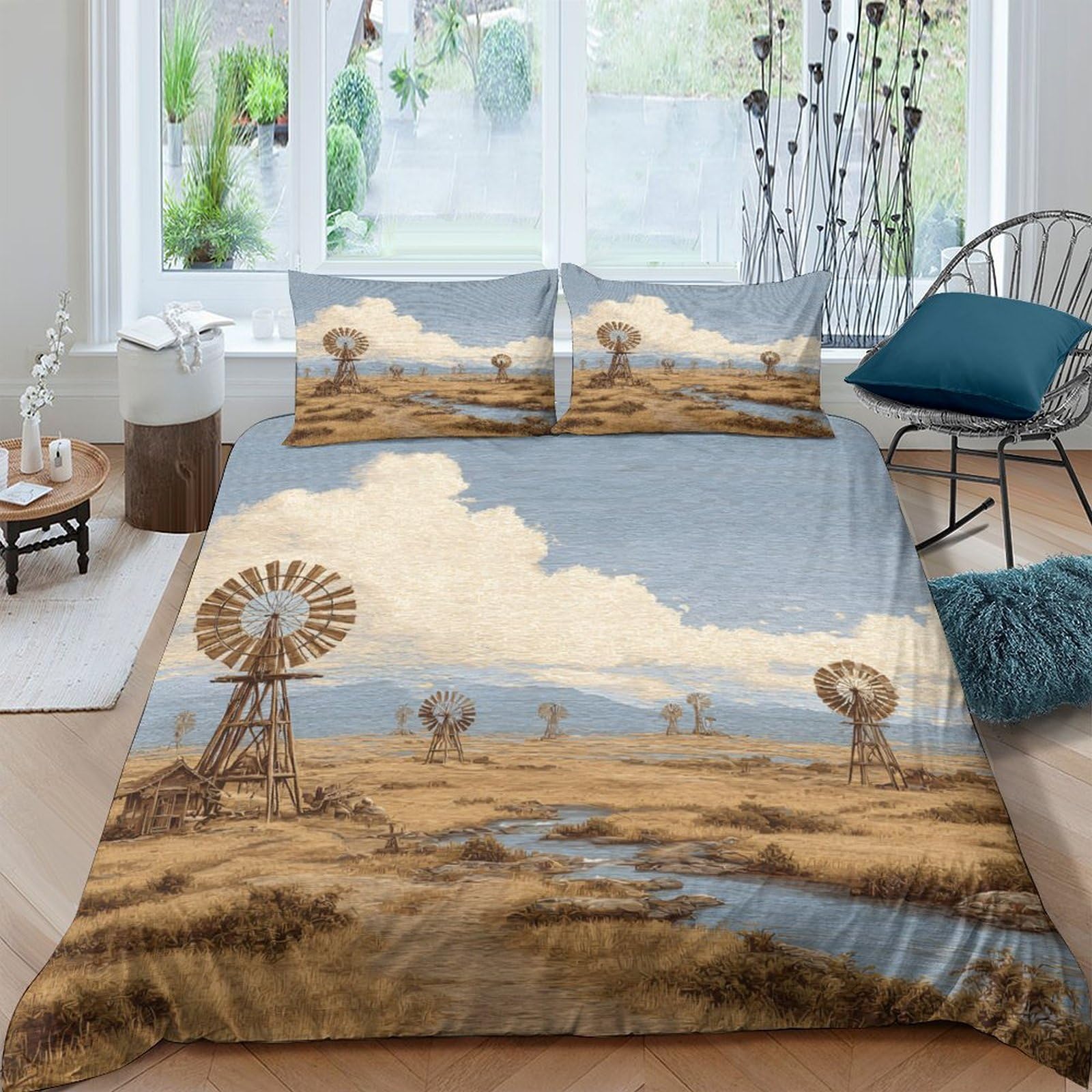 Ctjqhvkz Style-3 3D Printed Windmill Landscape Fitted Sheet Microfiber Bed Cover Rustic Countryside Blue Brown Decor For Bedroom Guest Room Single（135X200cm）