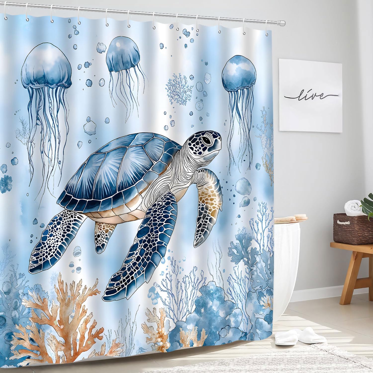 Sea Turtle Shower Curtain Underwater World Ocean Animal Coral Jellyfish Marine Life Nautical Beach Theme Polyester Curtains Bathroom Decor with Hooks 78" Wx70 H