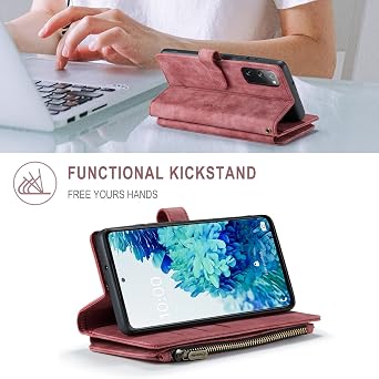 UEEBAI Wallet Case for Samsung Galaxy S20 FE 5G, Premium Handmade PU Leather Phone Case Card Slots Magnetic Closure Zipper Pocket Kickstand Flip Case with Hand Strap - Vintage Red
