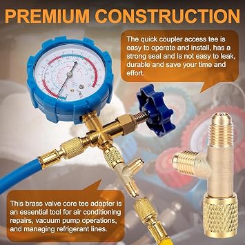 AYNEFY Quick Coupler Tee Adapter, Brass 1/4 in Valves Core Tee Adapter with Swivel Connector for R22 R12 R134