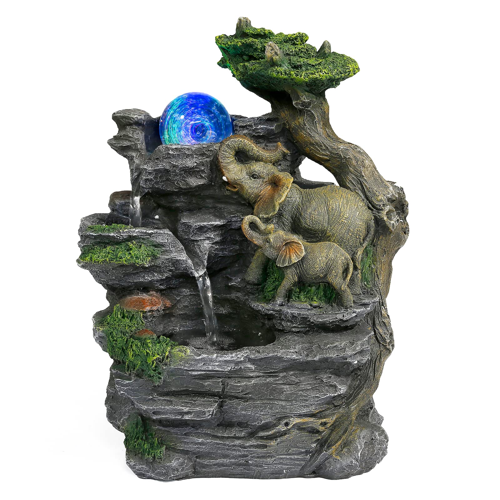 Dyna-Living Fuente de agua de polirresina iluminada de elefante para interiores, color gris y verde
