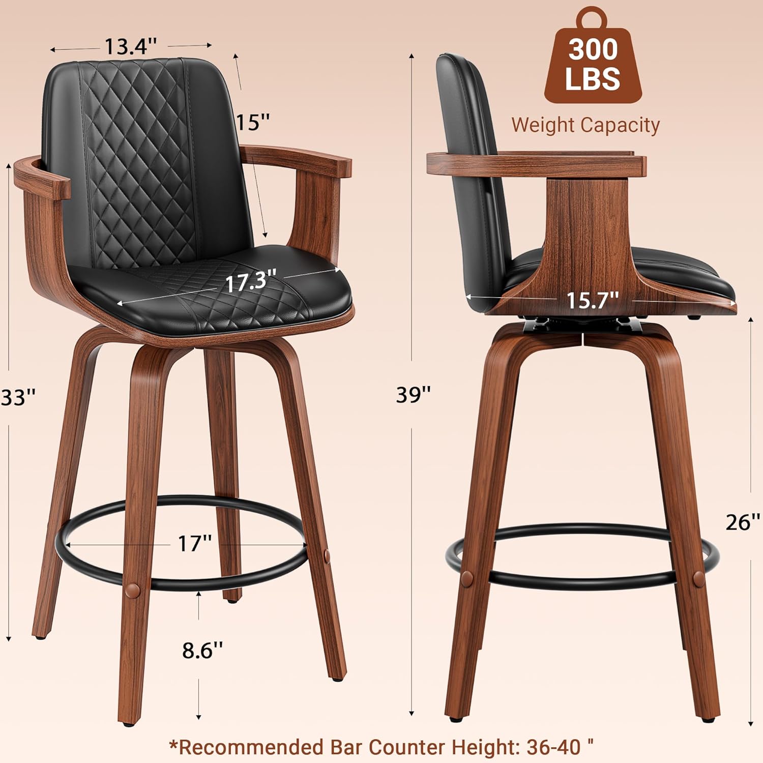 Bar Stools Set of 4, 26" Swivel Barstools with Back & Wooden Arms, Mid Century Modern PU Leather Counter Height Bar Chairs for Kitchen Islands, Home Bars, Cafés - Black
